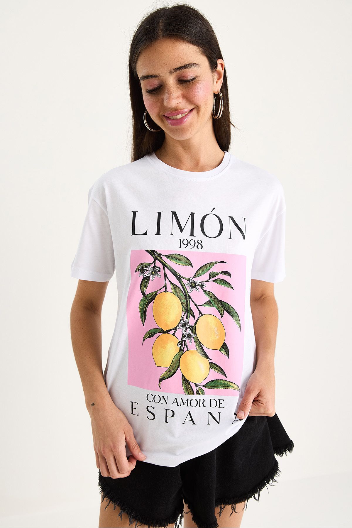 Bianco Lucci Kadın Limon Baskılı Bisiklet Yaka %100 Pamuklu T-Shirt 6701 60283452