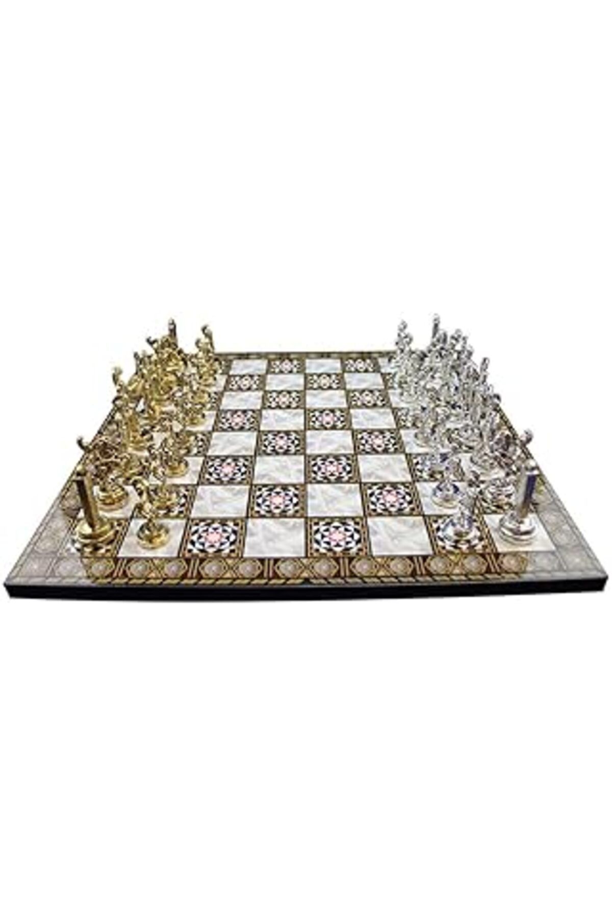 Qedii Gifthome Metal Satranç Takımı/seti ; Orta, Yunan Figürlü, Parlak Satranç Taşı Ve Mdf, Desenli