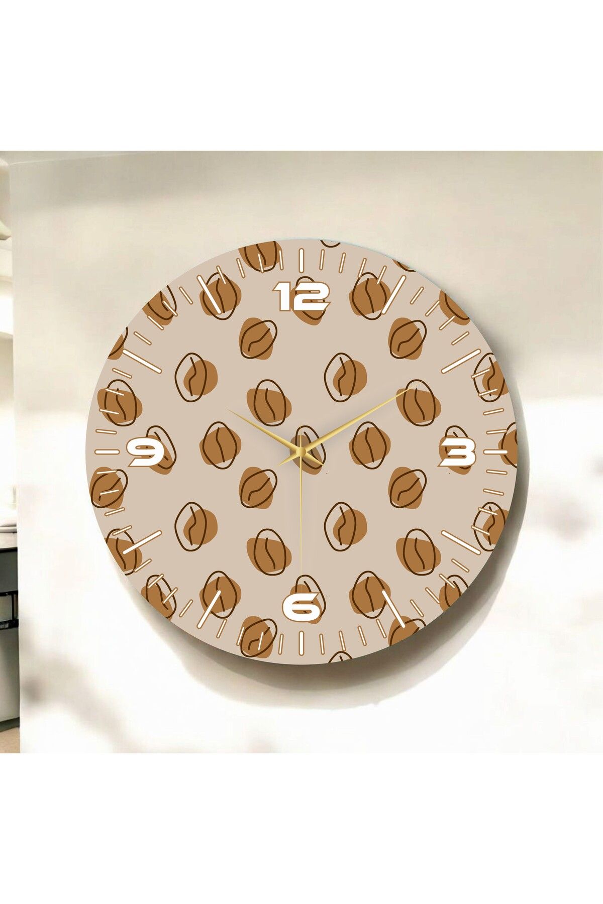 AA Shop Renkli Baskı Kahve Desenli Sayılı Hediyelik Ahşap Sessiz Duvar Saati 50cm