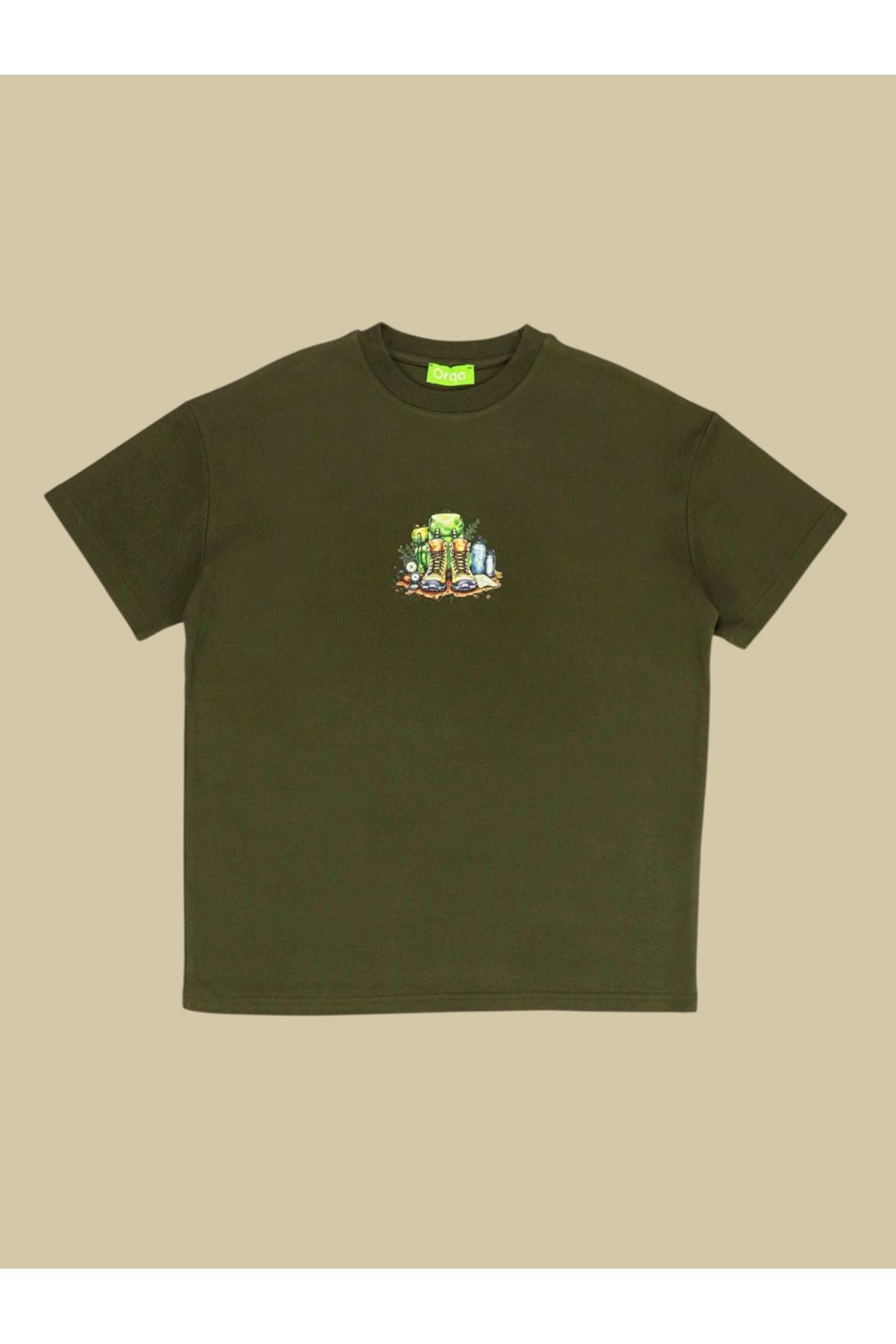 Orqa Unisex Kamp Temalı Baskılı %100 Pamuk Haki Yeşil Tshirt