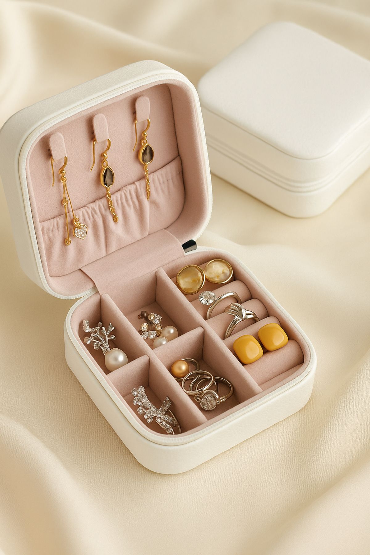 Ecuy Mini Takı Kutusu Seyahat Tipi Mücevher Çantası Kolye Yüzük Küpe Organizer Takı Düzenleyici Beyaz