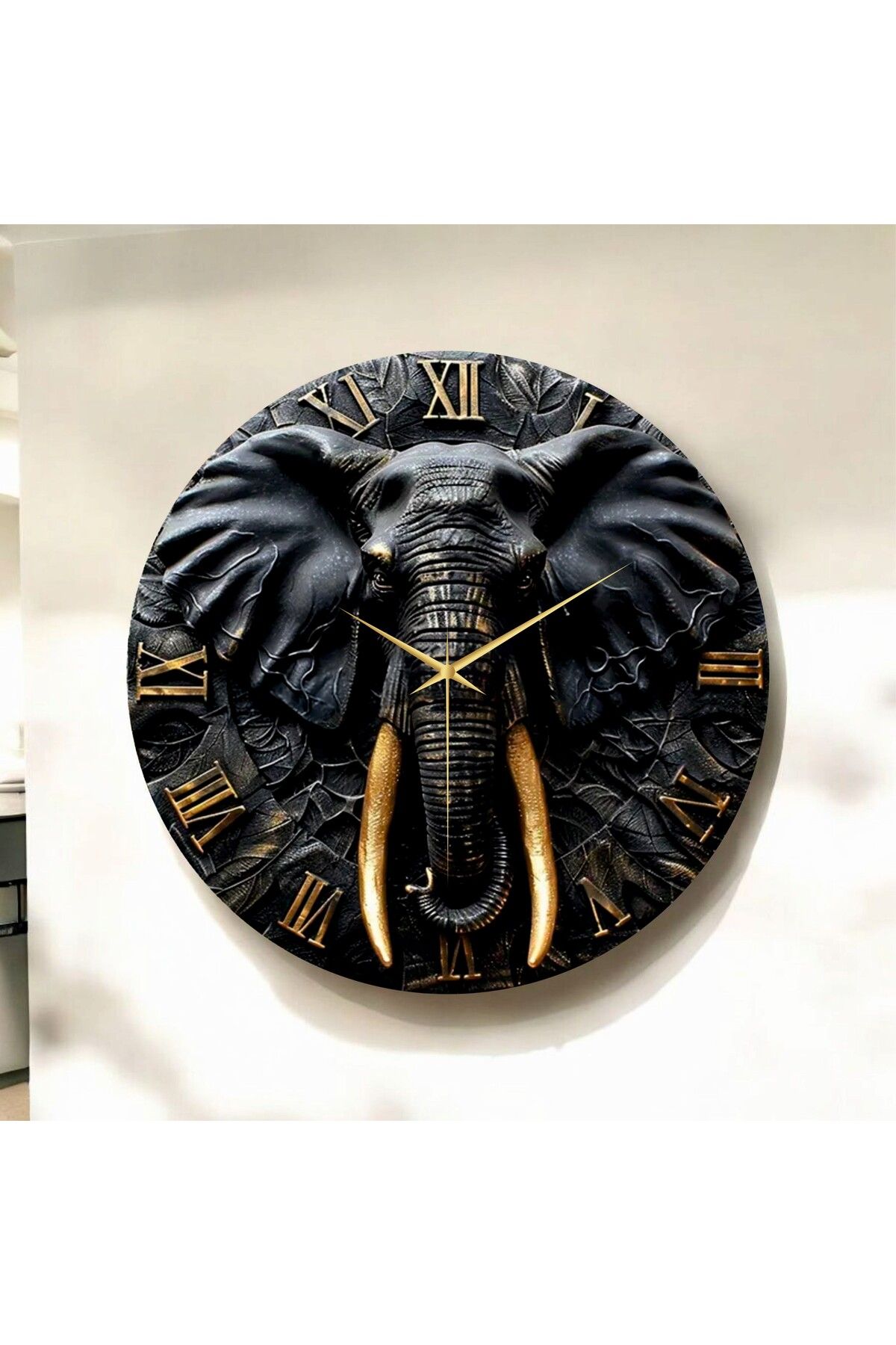 AA Shop Kabartma Görünümlü Renkli Baskı Fil Hayvan Desenli Sayılı Hediyelik Ahşap Sessiz Duvar Saati 50cm