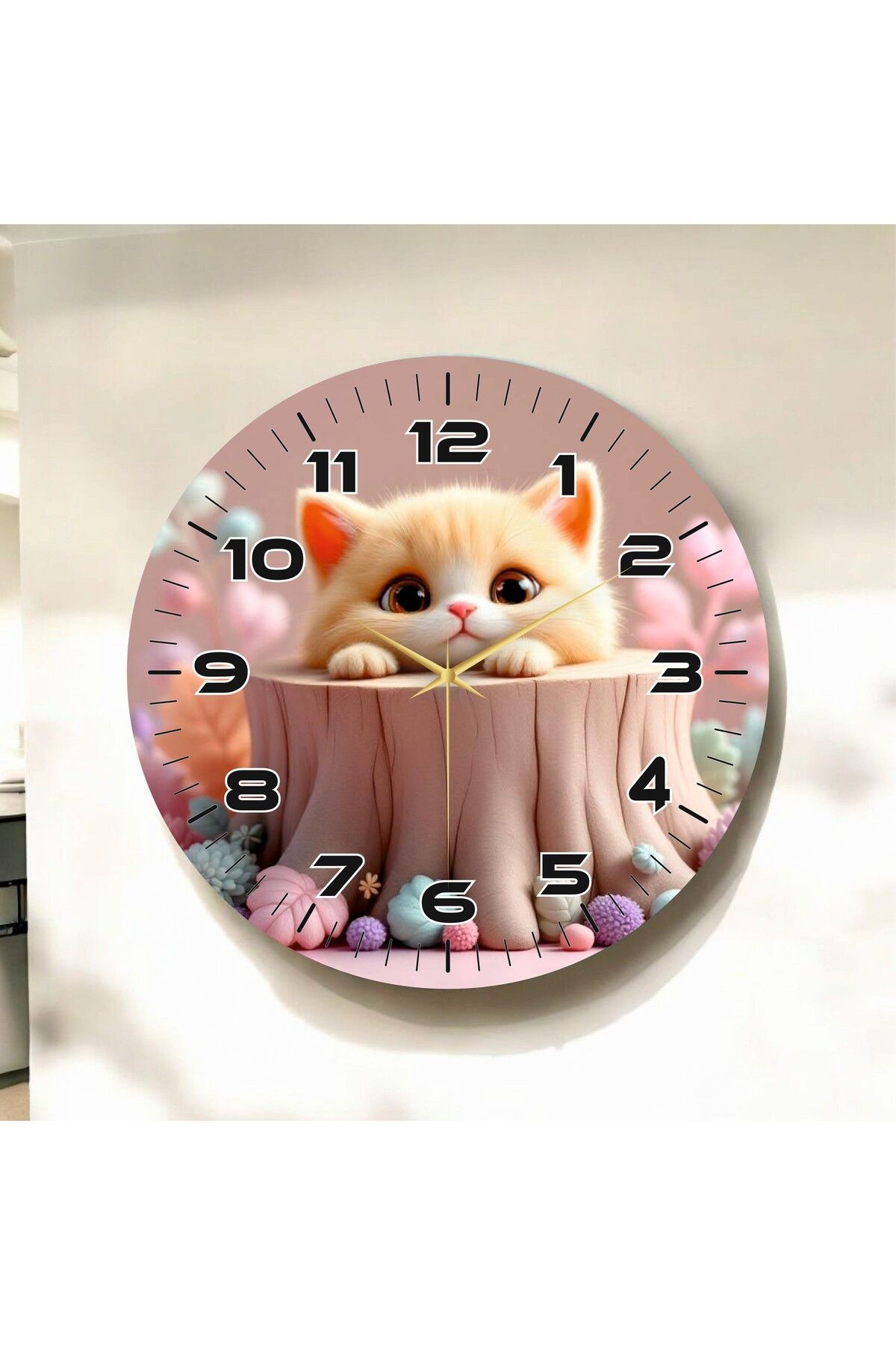 AA Shop Renkli Baskı Kedi Çocuk Desenli Sayılı Hediyelik Ahşap Sessiz Duvar Saati 50cm