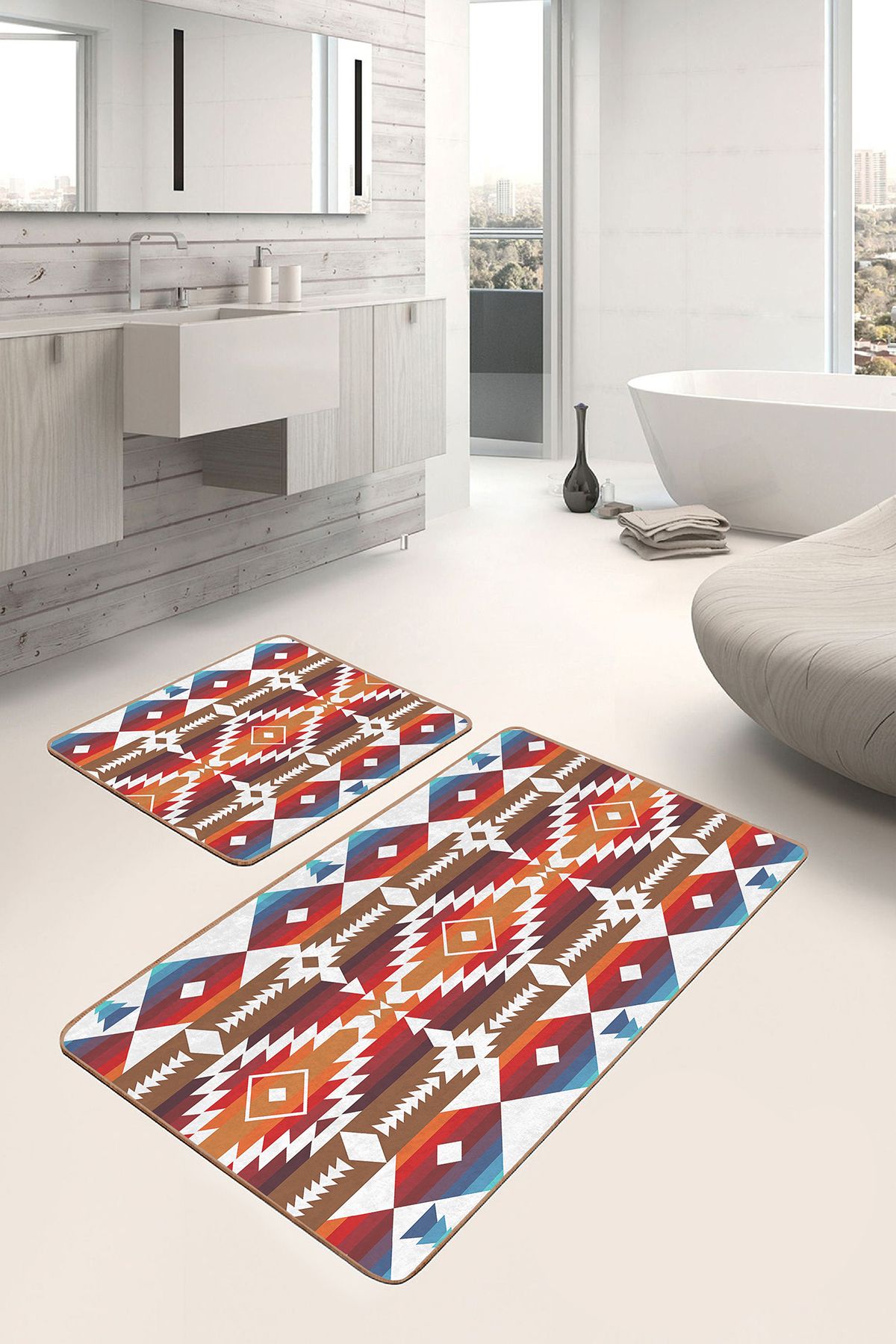 Realhomes Kırmızı Zeminde Antik Motifli Geometrik Geometrik Etnik Motifler 2'li Banyo & Mutfak Paspas Takımı