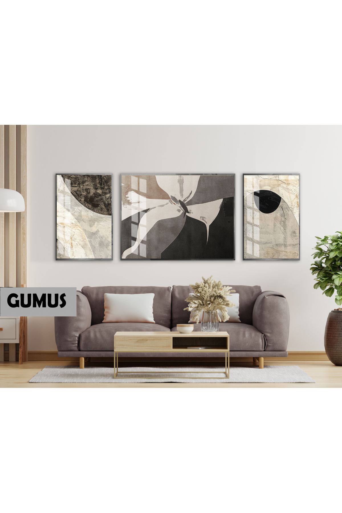 Harikabirev HARİKABİREV|(ABSTRACT) SOFT GRİ ÇİÇEK DESENİ |ÇERÇEVELİ TEMPERLİ CAM TABLO 3LÜ YATAY