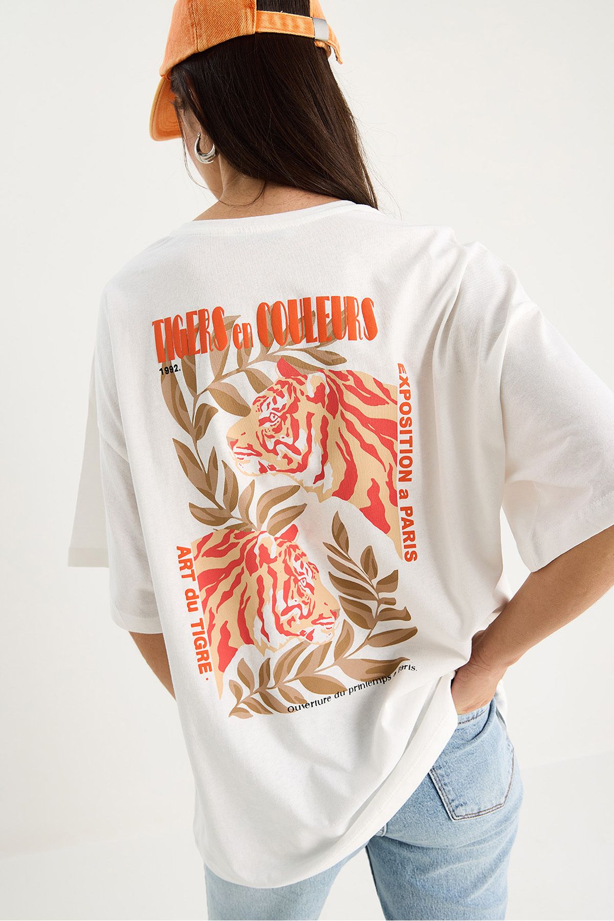 Bianco Lucci Kadın %100 Pamuklu Kaplan Baskılı Oversize T-Shirt 6015 60283454