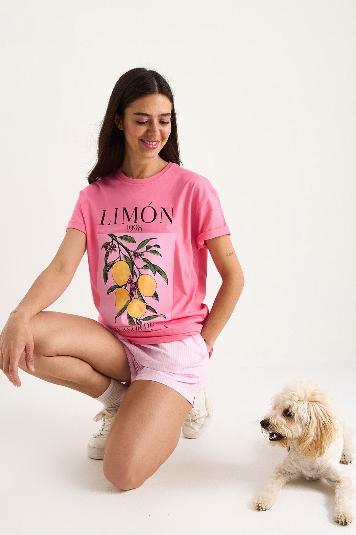 Bianco Lucci Kadın Limon Baskılı Bisiklet Yaka %100 Pamuklu T-Shirt 6701 60283452
