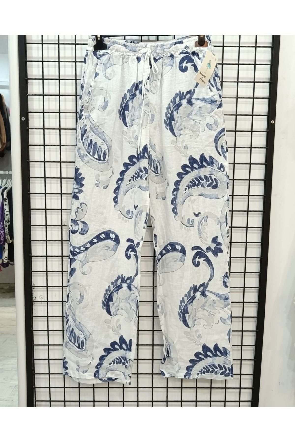 Butik Şans Desenli Lastikli Bel İtalyan Keten Pantolon