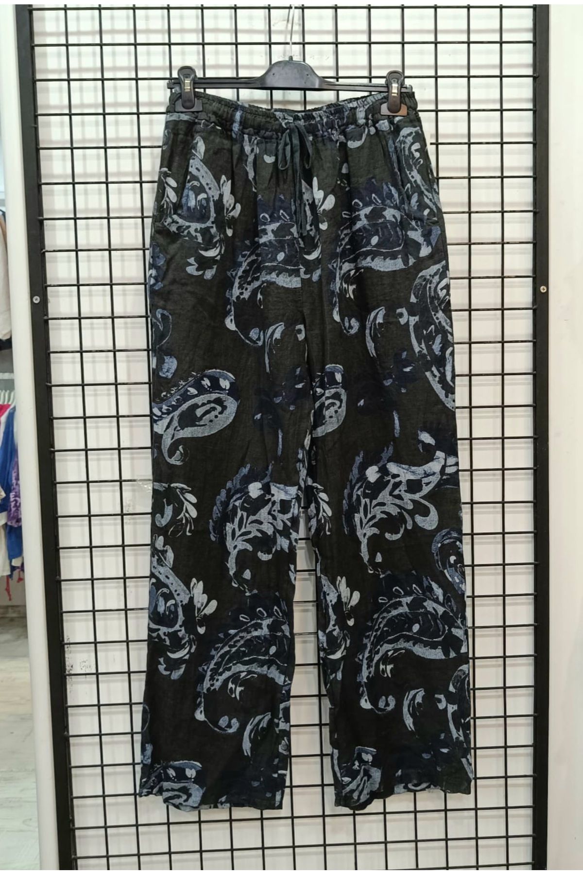 Butik Şans Desenli Lastikli Bel İtalyan Keten Pantolon