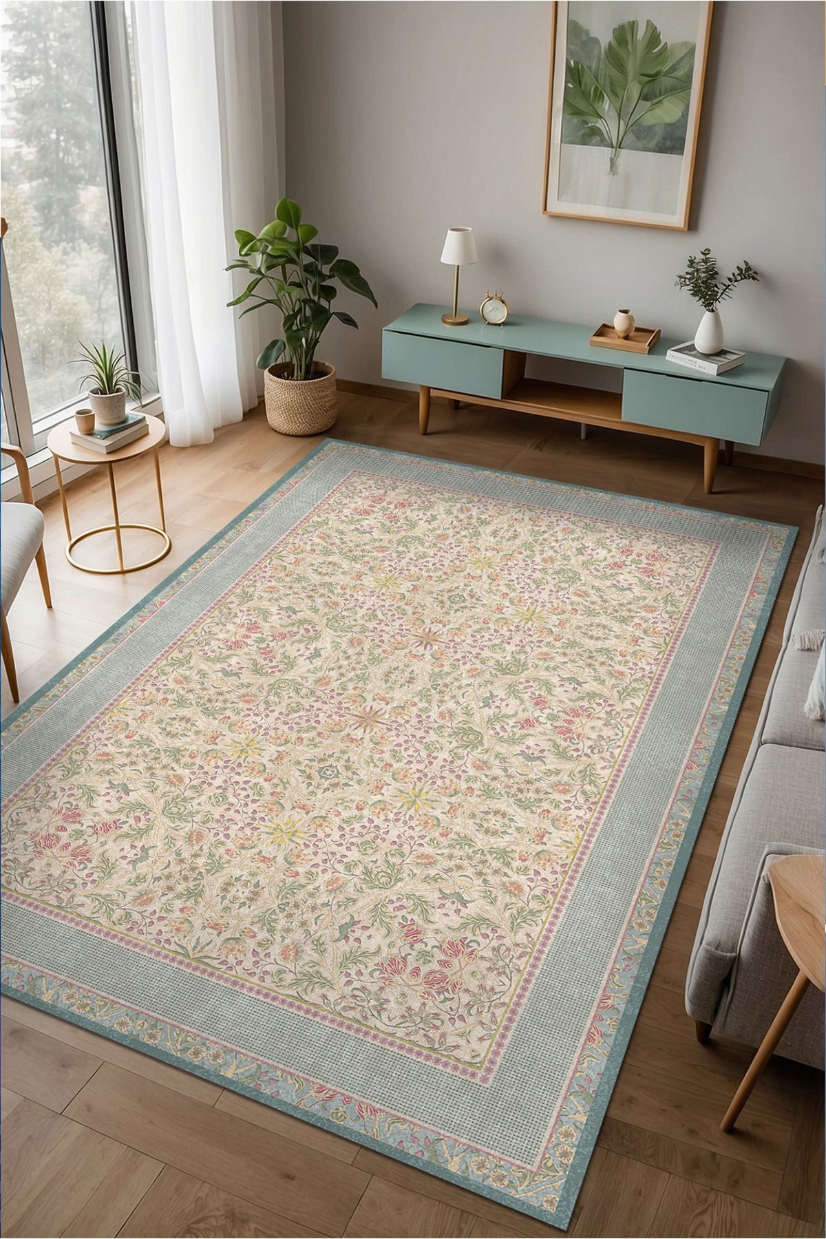 AIDA HOME Saral Floral Desenli Pamuk Tabanlı Yıkanabilen Kaydırmaz Antibakteriyel Şönil Salon Halısı