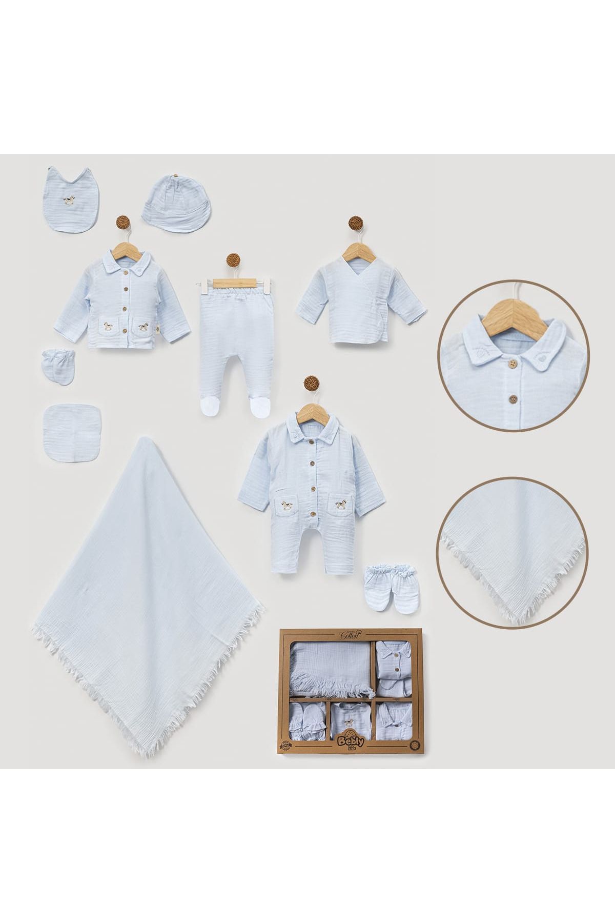 Pure Kids Store Kutulu %100 Organik Pamuk Müslin Erkek Bebek Oyuncak At Figürlü 10 Parça Hastane Çıkış Seti