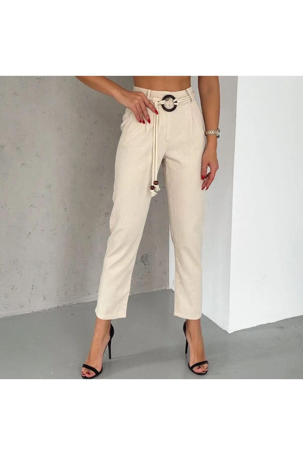 mikudesign Halka Tokalı Kemerli Yüksek Bel Yazlık Pantolon