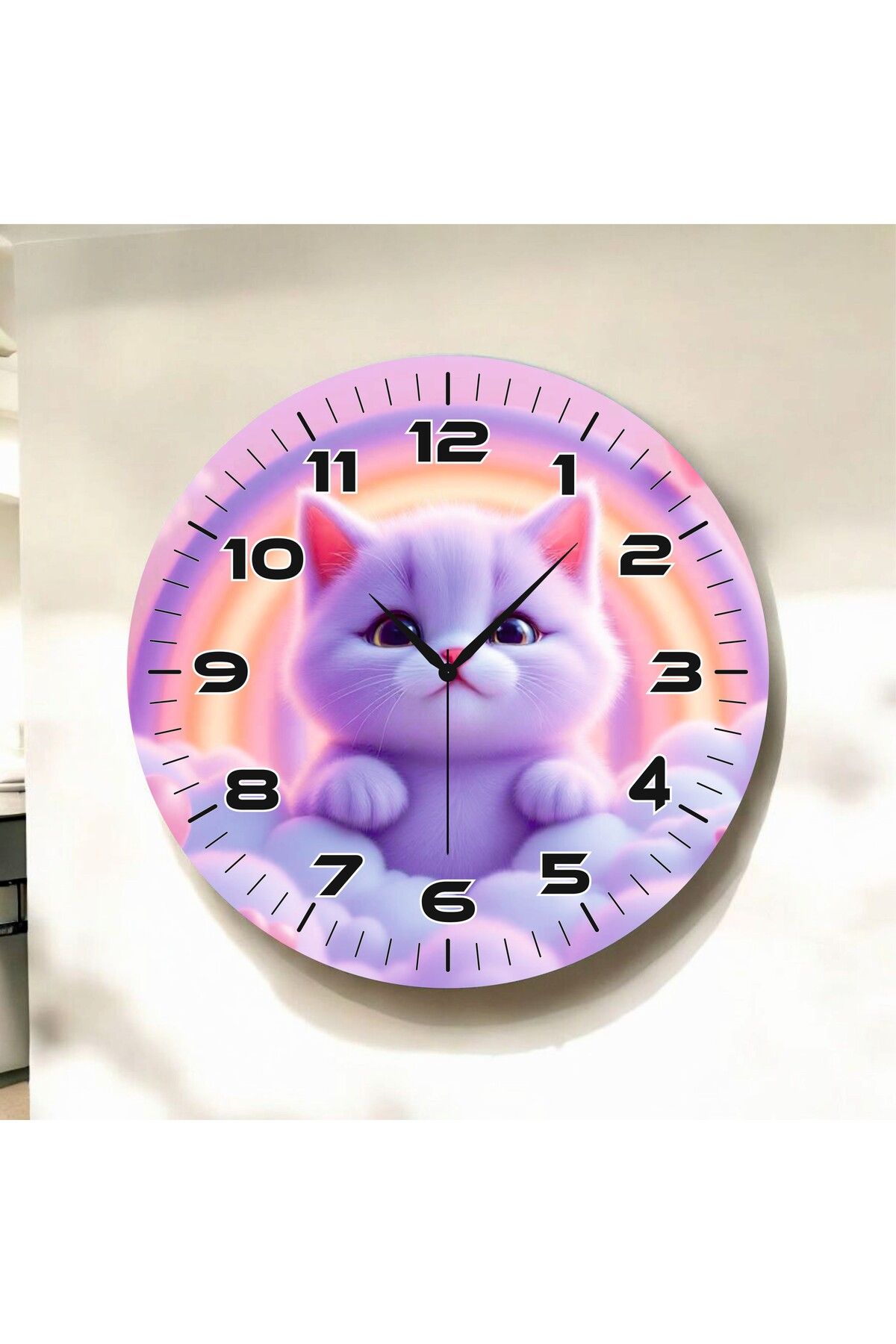 AA Shop Mor Renkli Baskı Kedi Desenli Sayılı Hediyelik Ahşap Sessiz Duvar Saati 50cm