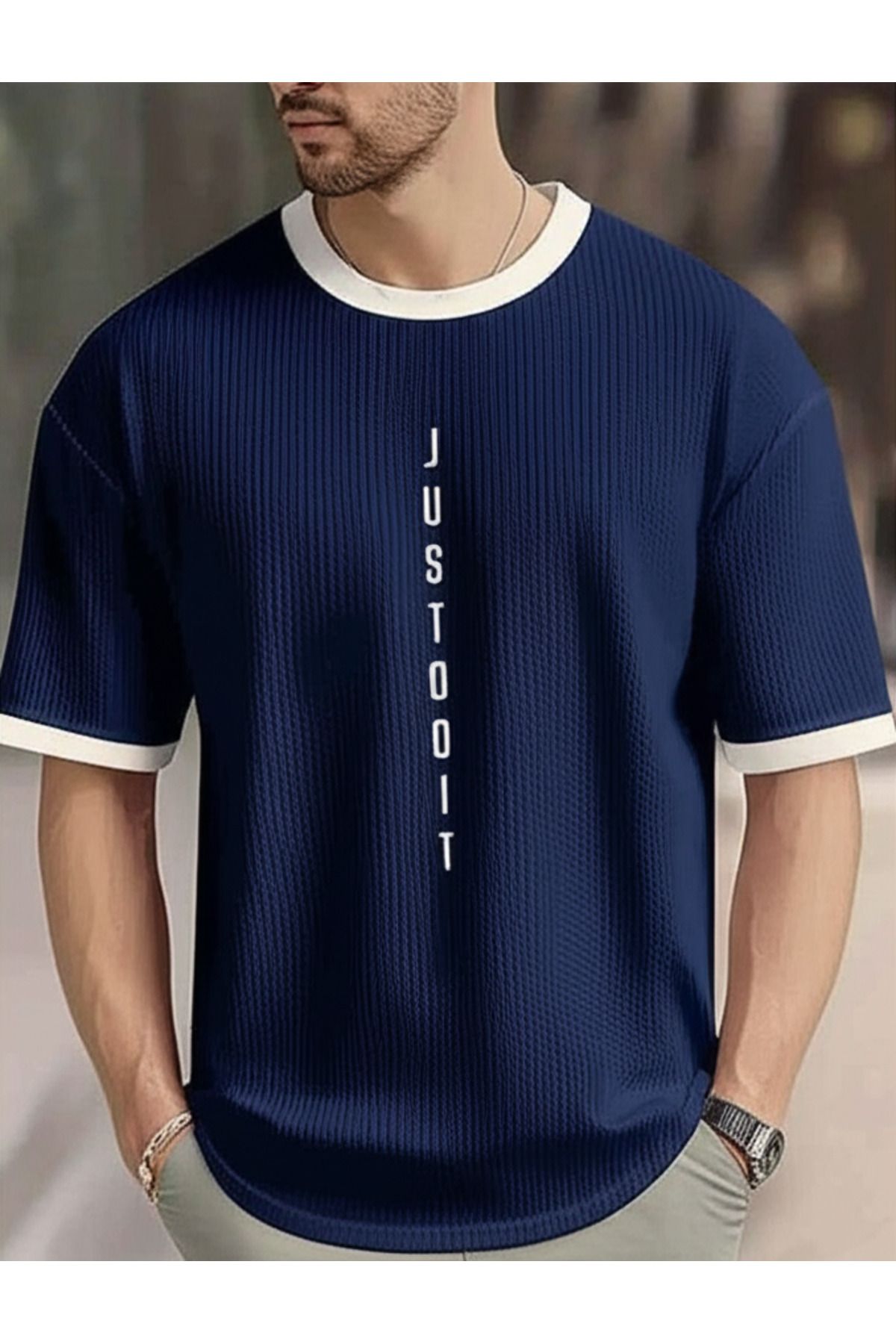 S&T MODA Unisex Kadın/Erkek JUSTDOIT Lacivert Beyaz Yaka Özel Baskılı Oversize Pamuk Penye T-Shirt