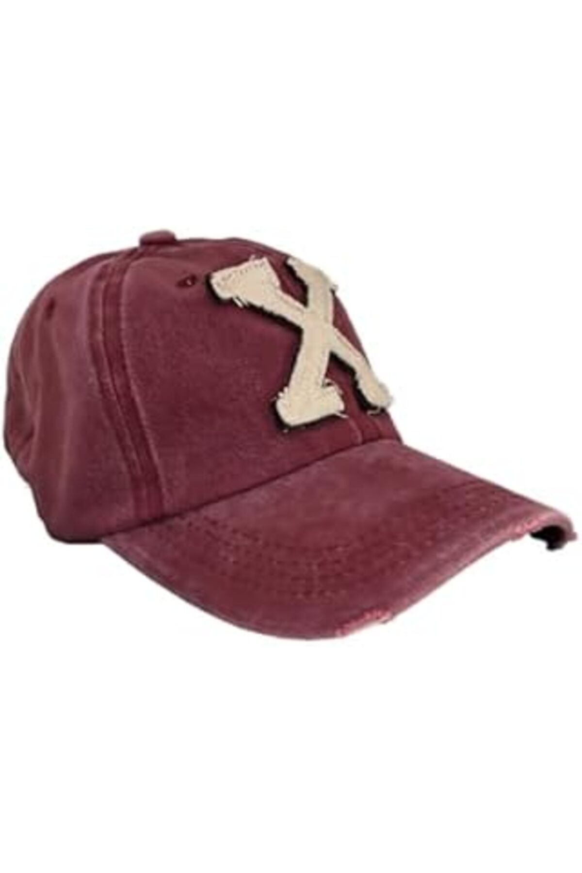 Karachil X Model Eskitme Beyzbol Şapkası, Bordo Renk, Vintage Yıpranmış Görünümlü, Pamuklu, Hat, Cap, Şapka