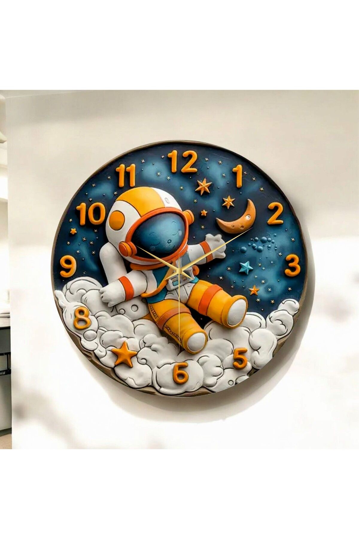 AA Shop Renkli Baskı Astronot Çocuk Desenli Sayılı Hediyelik Ahşap Sessiz Duvar Saati 50cm