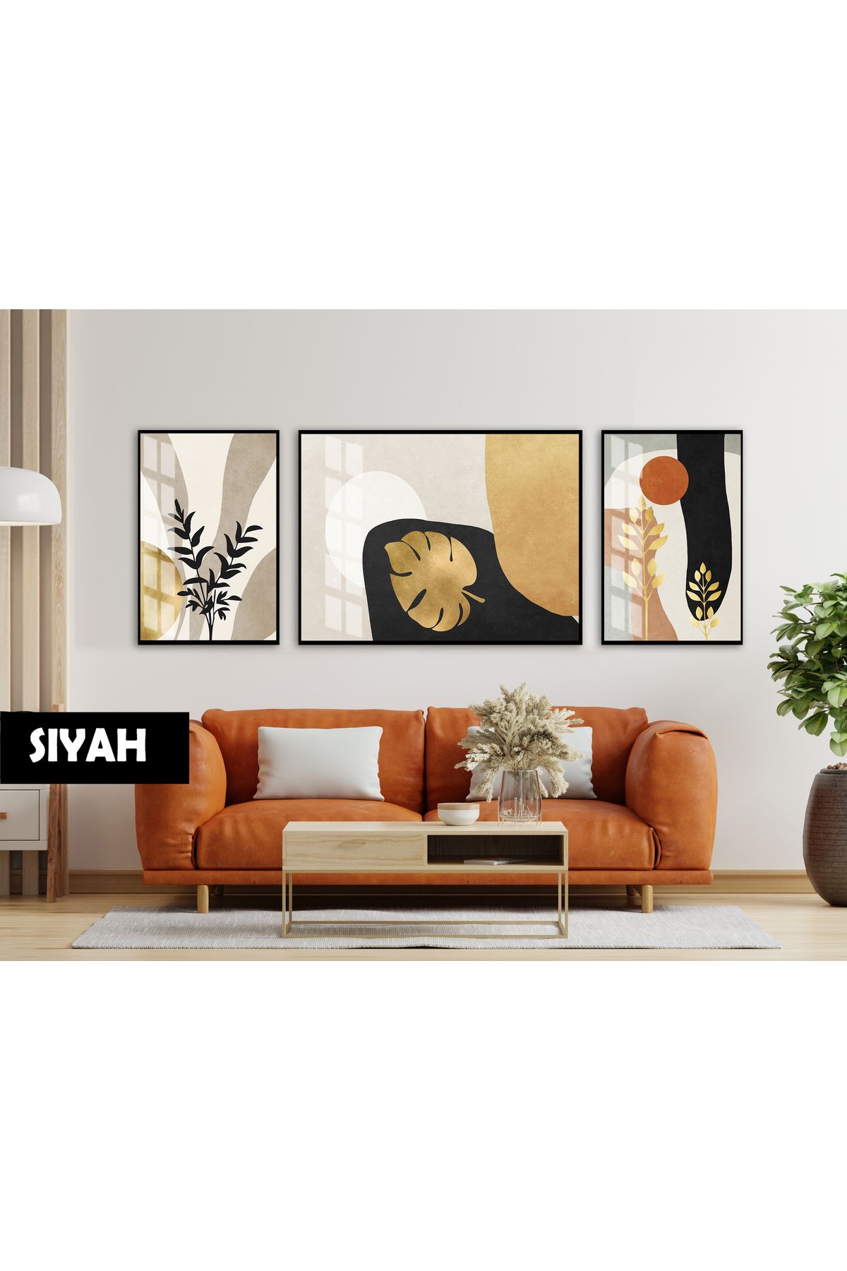 Harikabirev HARİKABİREV|(ABSTRACT) BOHEM ALTIN YAPRAKLI MODEL |ÇERÇEVELİ TEMPERLİ CAM TABLO 3LÜ YATAY