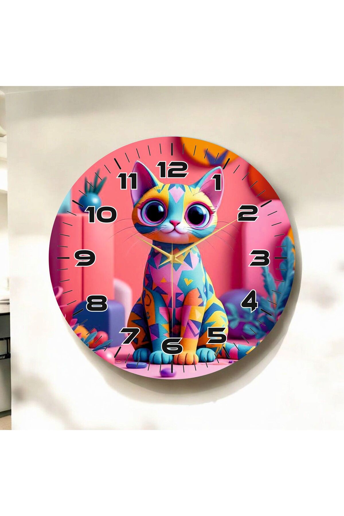 AA Shop Renkli Baskı Kedi Hayvan Desenli Sayılı Hediyelik Ahşap Sessiz Duvar Saati 50cm