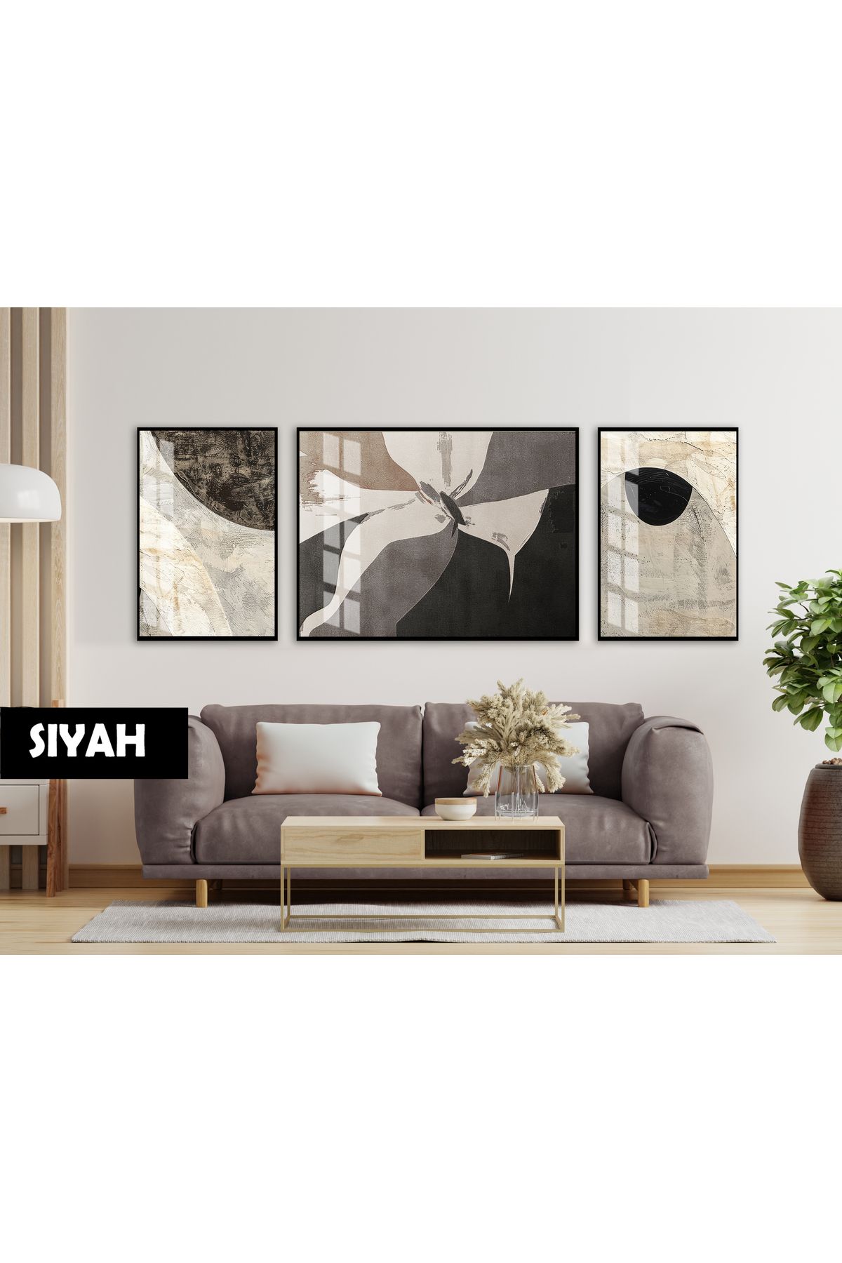 Harikabirev HARİKABİREV|(ABSTRACT) SOFT GRİ ÇİÇEK DESENİ |ÇERÇEVELİ TEMPERLİ CAM TABLO 3LÜ YATAY