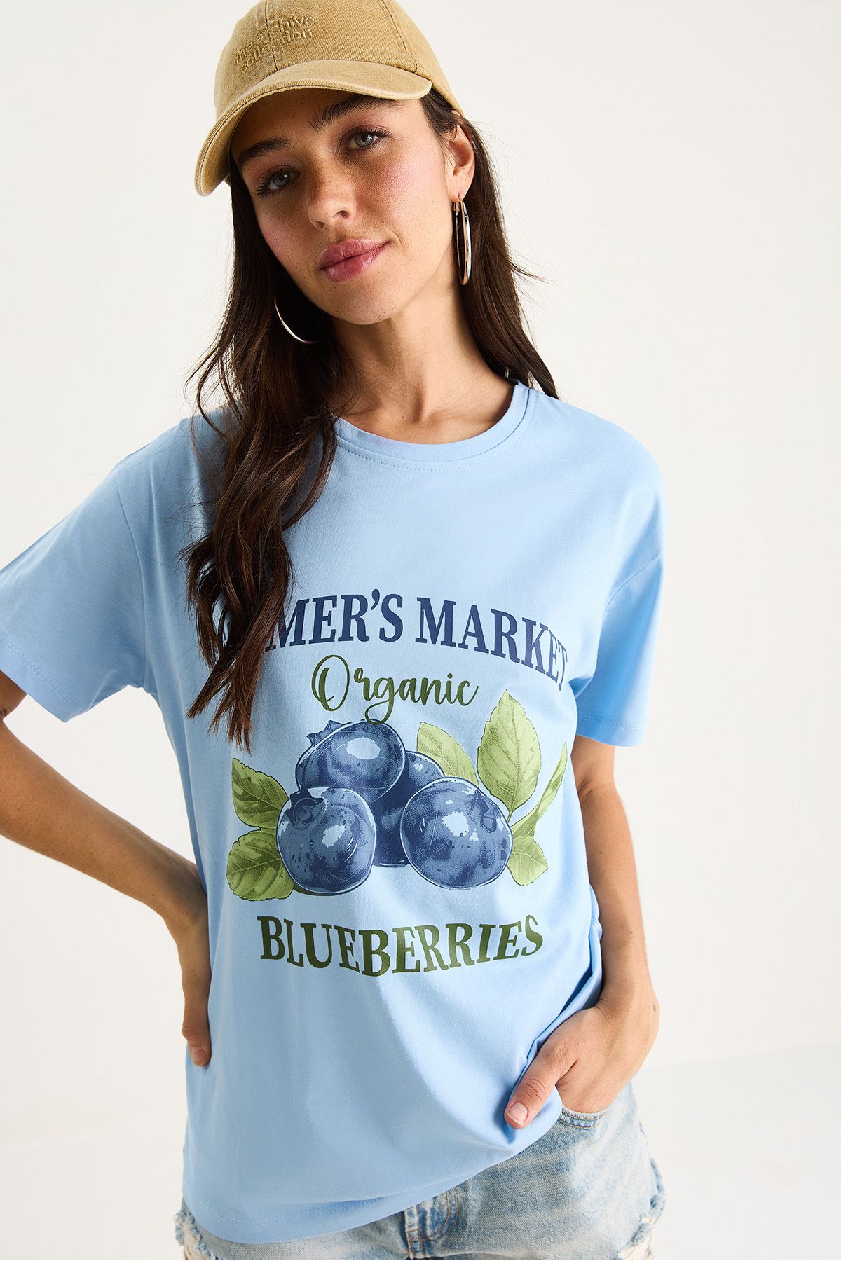 Bianco Lucci Kadın Blueberries Baskılı Bisiklet Yaka %100 Pamuklu T-Shirt 6702 60283451