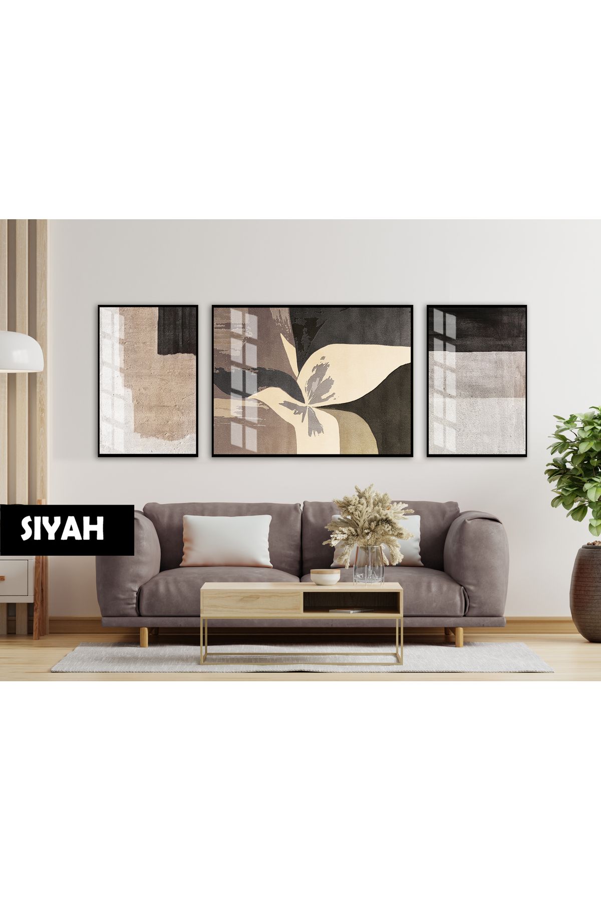 Harikabirev HARİKABİREV|(ABSTRACT)GRİ-KAHVE KONTRAST ÇİÇEKLİ MODEL|ÇERÇEVELİ TEMPERLİ CAM TABLO 3LÜ YATAY