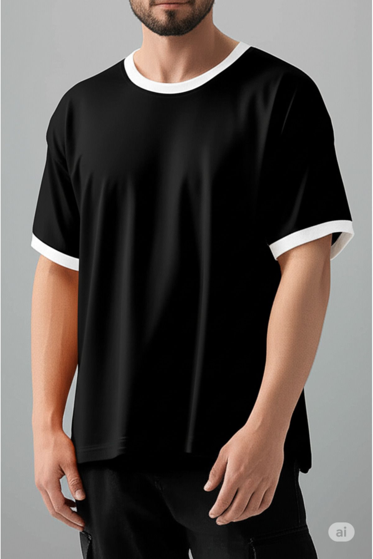S&T MODA Unisex Erkek/Kadın Siyah Beyaz Yaka Düz Oversize Pamuklu T-Shirt Tişört