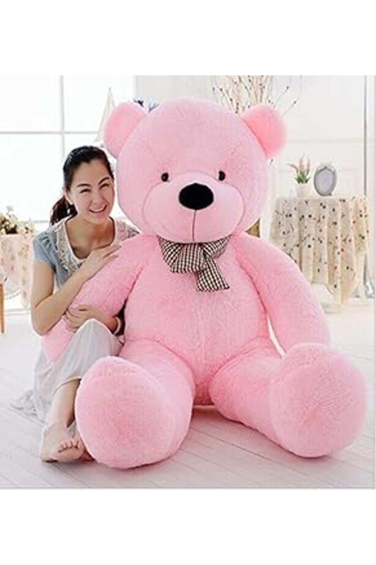 Pazarcan 160 Cm Papyonlu Peluş Ayı-Dev Boy-Sevgiliye Özel Hediye - Yerli (Pembe)