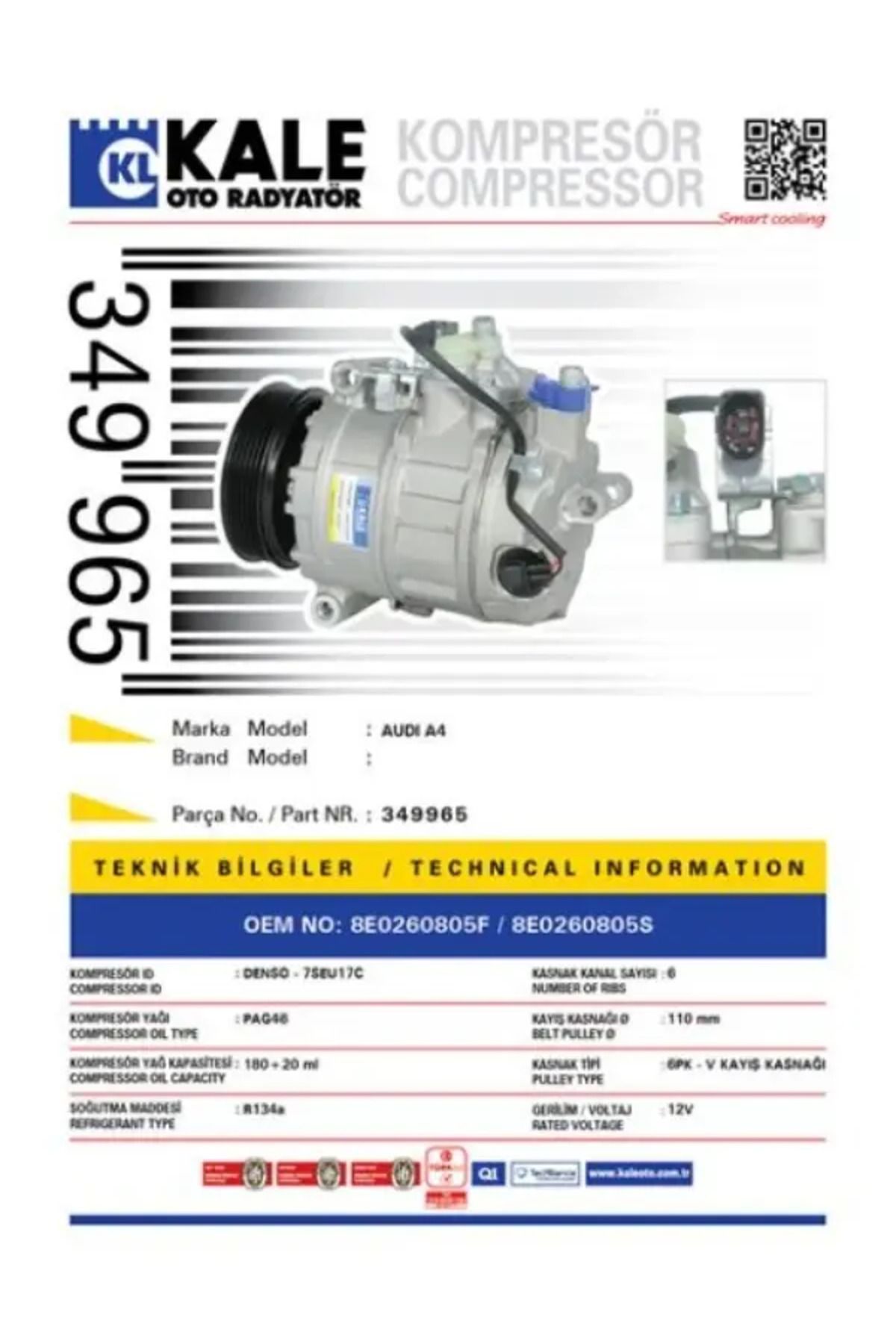 KALE RADYATÖR KLIMA KOMPRESORU AUDI A4 0105 [6PK V KAYIS KASNAGI] [110mm]