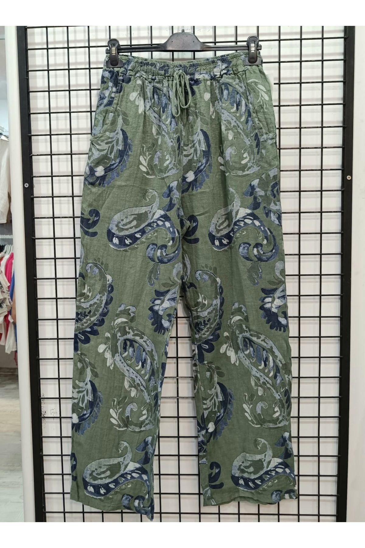 Butik Şans Desenli Lastikli Bel İtalyan Keten Pantolon