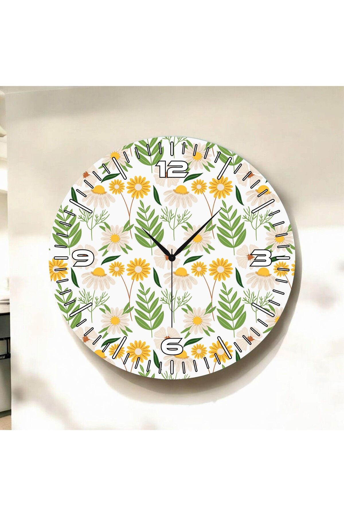 AA Shop Renkli Baskı Çiçek Desenli Sayılı Hediyelik Ahşap Sessiz Duvar Saati 50cm
