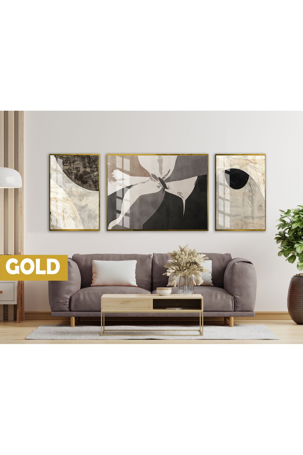 Harikabirev HARİKABİREV|(ABSTRACT) SOFT GRİ ÇİÇEK DESENİ |ÇERÇEVELİ TEMPERLİ CAM TABLO 3LÜ YATAY