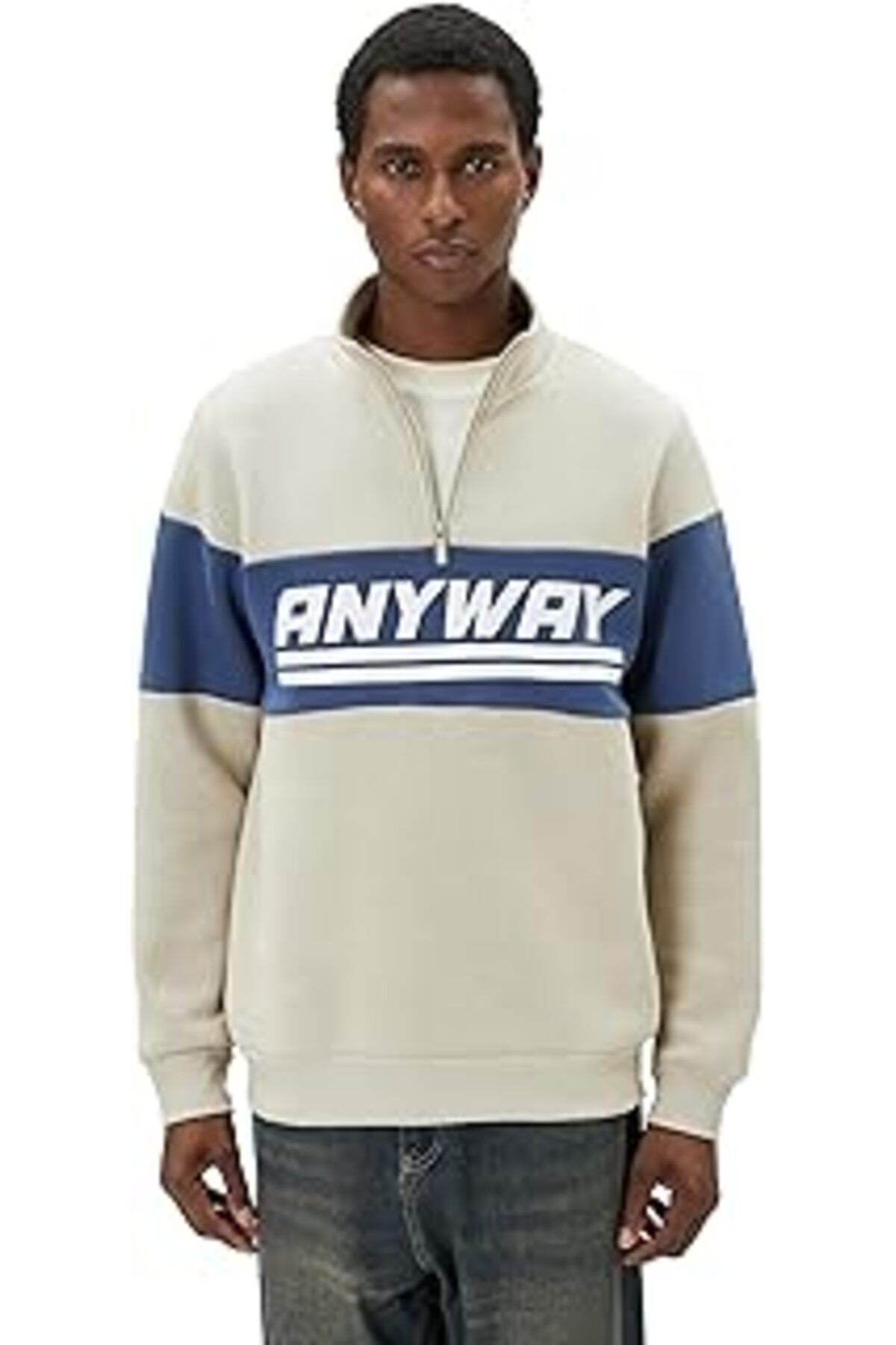 Karachil Yarım Fermuarlı Sweatshirt Dik Yaka Slogan Baskılı Renk Bloklu Şardonlu