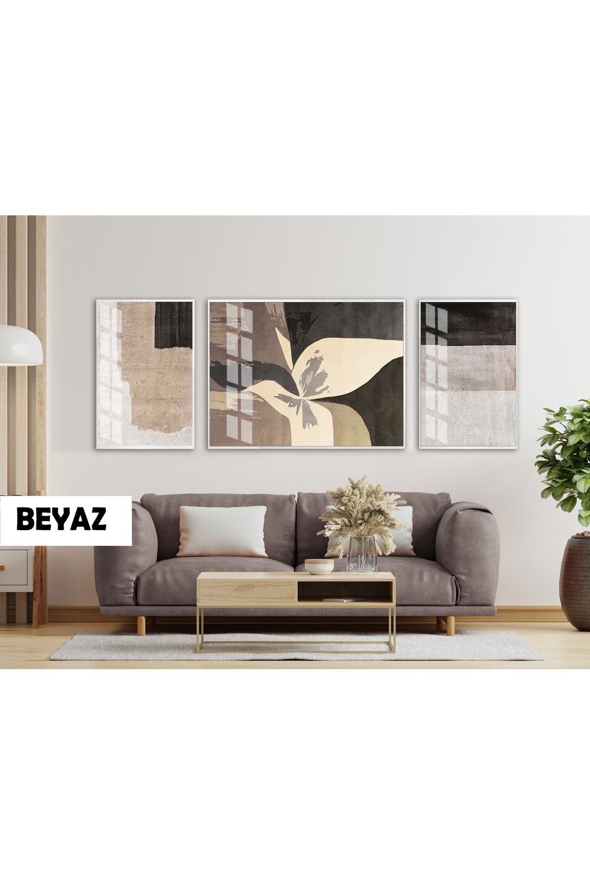 Harikabirev HARİKABİREV|(ABSTRACT)GRİ-KAHVE KONTRAST ÇİÇEKLİ MODEL|ÇERÇEVELİ TEMPERLİ CAM TABLO 3LÜ YATAY