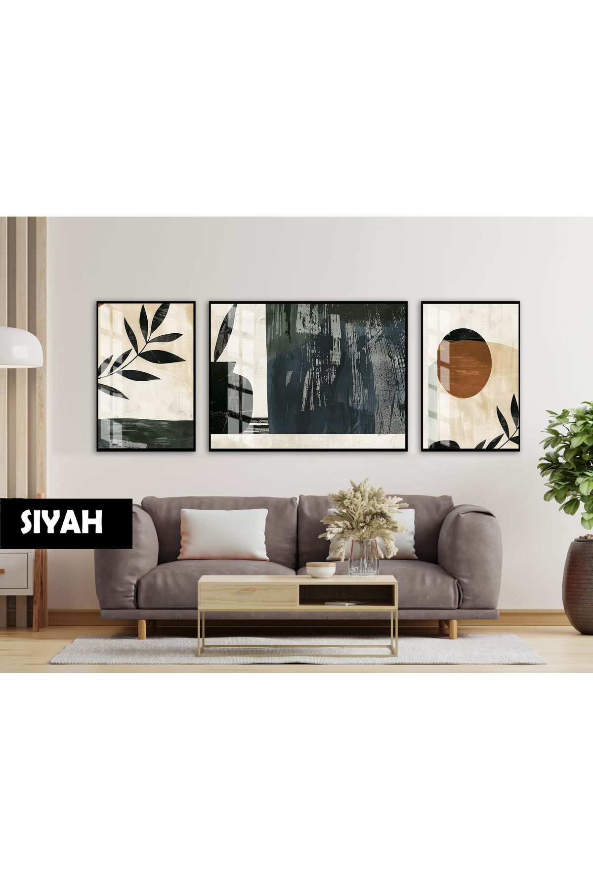 Harikabirev HARİKABİREV|(ABSTRACT) BOTANİK BOHEM MODELİ|ÇERÇEVELİ TEMPERLİ CAM TABLO 3LÜ YATAY