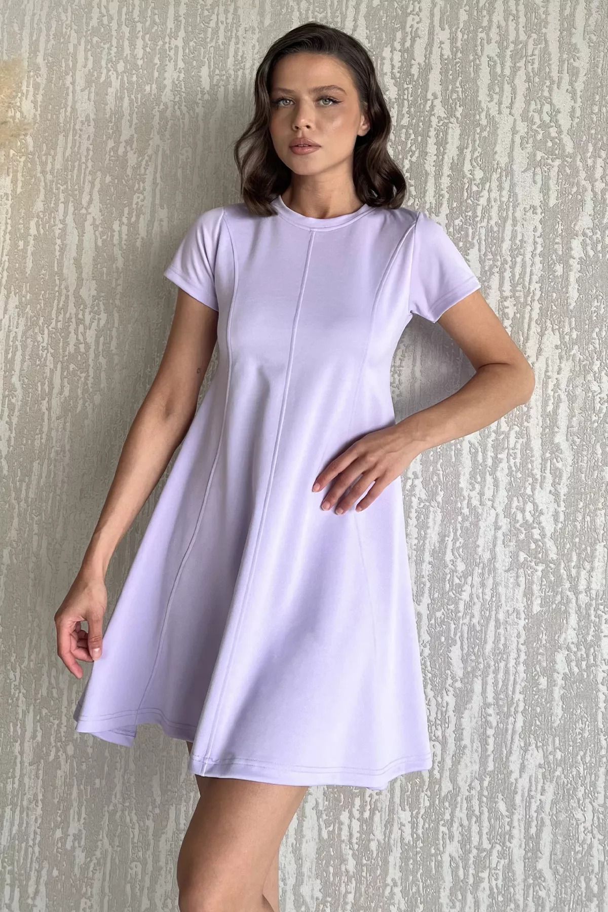 GÜLSELİ Lila Bisiklet Yaka Kadın Mini Elbise