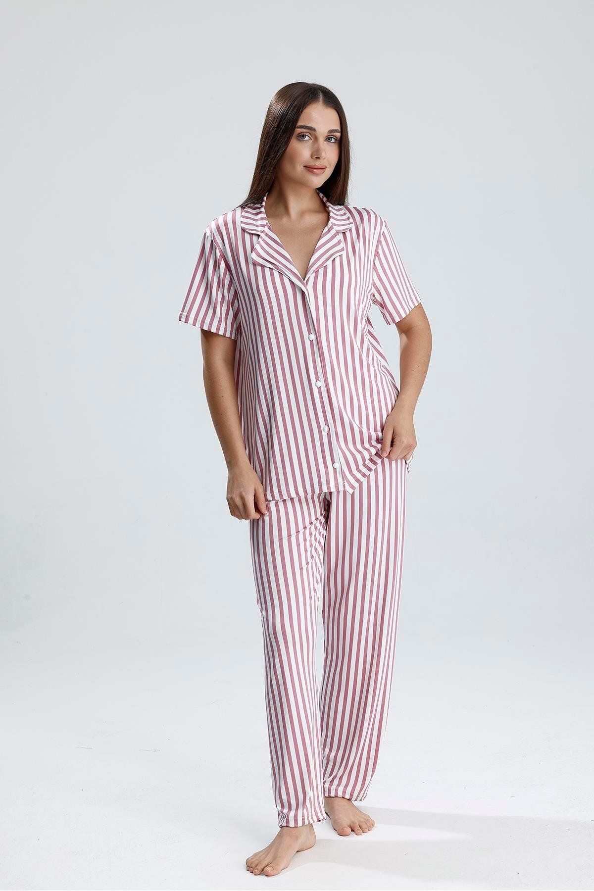 LİRONA Mor Çizgili Kısa Kollu Kadın Pijama Takımı | 2072176506