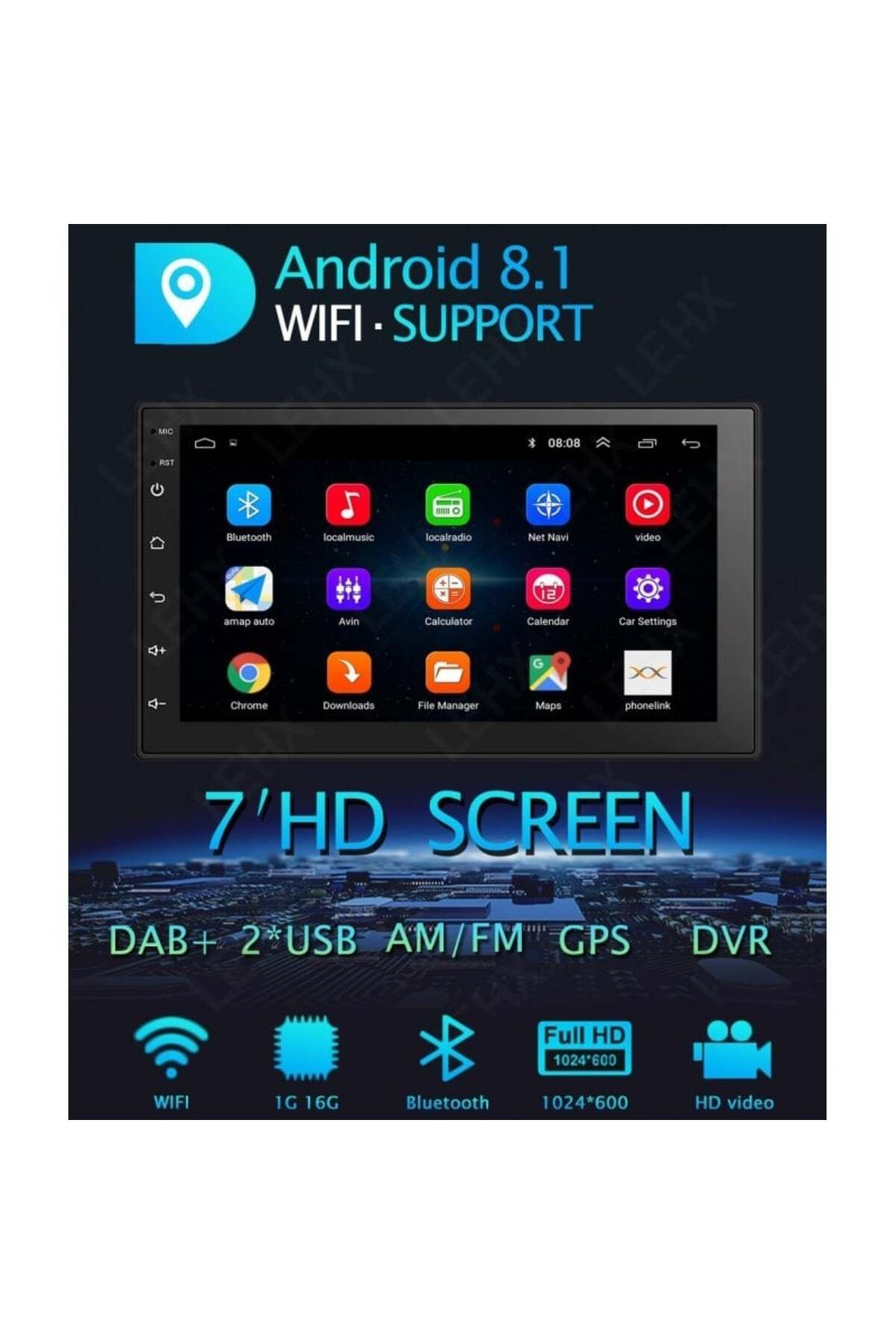 TECHSTAR-Car Navigation Multimedia 7168 Techstar® 2DIN Android 8.1 GPS Radio Wi-Fi Display 7" Quad Core MP5 P 6