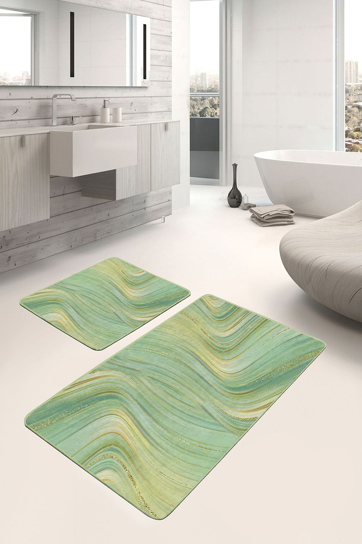 Realhomes 2'li Set Yeşil Gold Zeminde Altın Motifli Mermer Desenli Sade & Şık Klasik 2'li Banyo Paspas Takımı