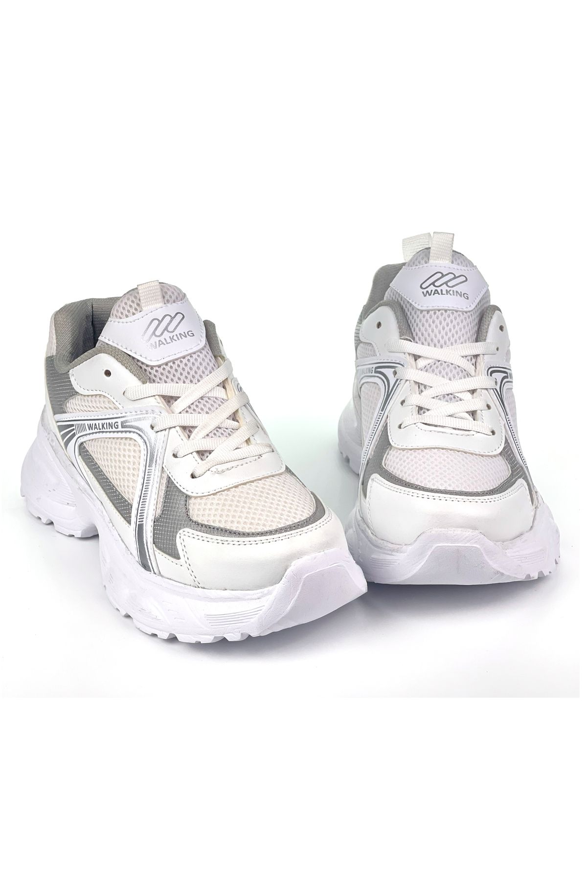 KAJILA Kadın Beyaz Gümüş Hafif Fileli Günlük Rahat Sneaker Spor Ayakkabı