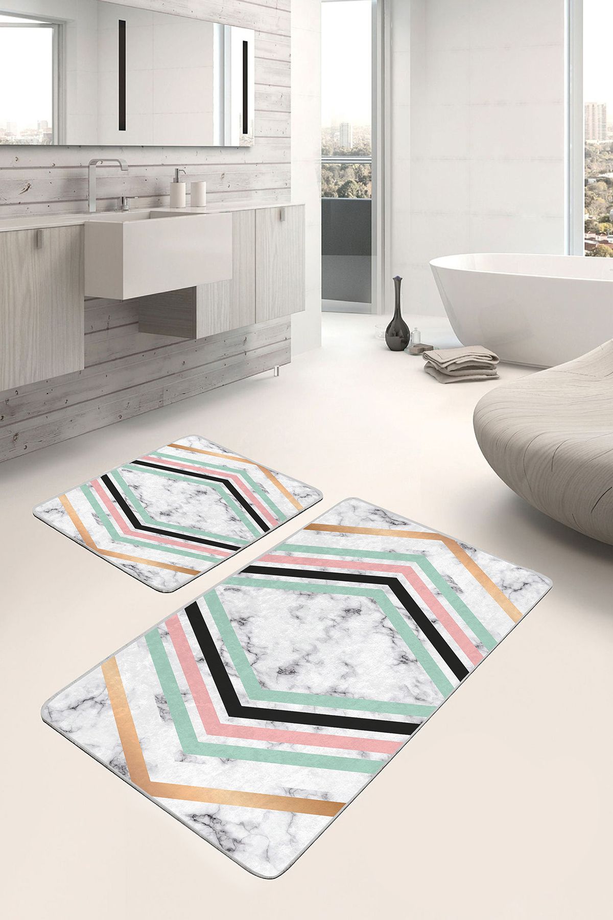 Realhomes 2'li Set Mermer Zeminde Geometrik Motifli Modern Sade & Şık Geometrik 2'li Banyo Paspas Takımı