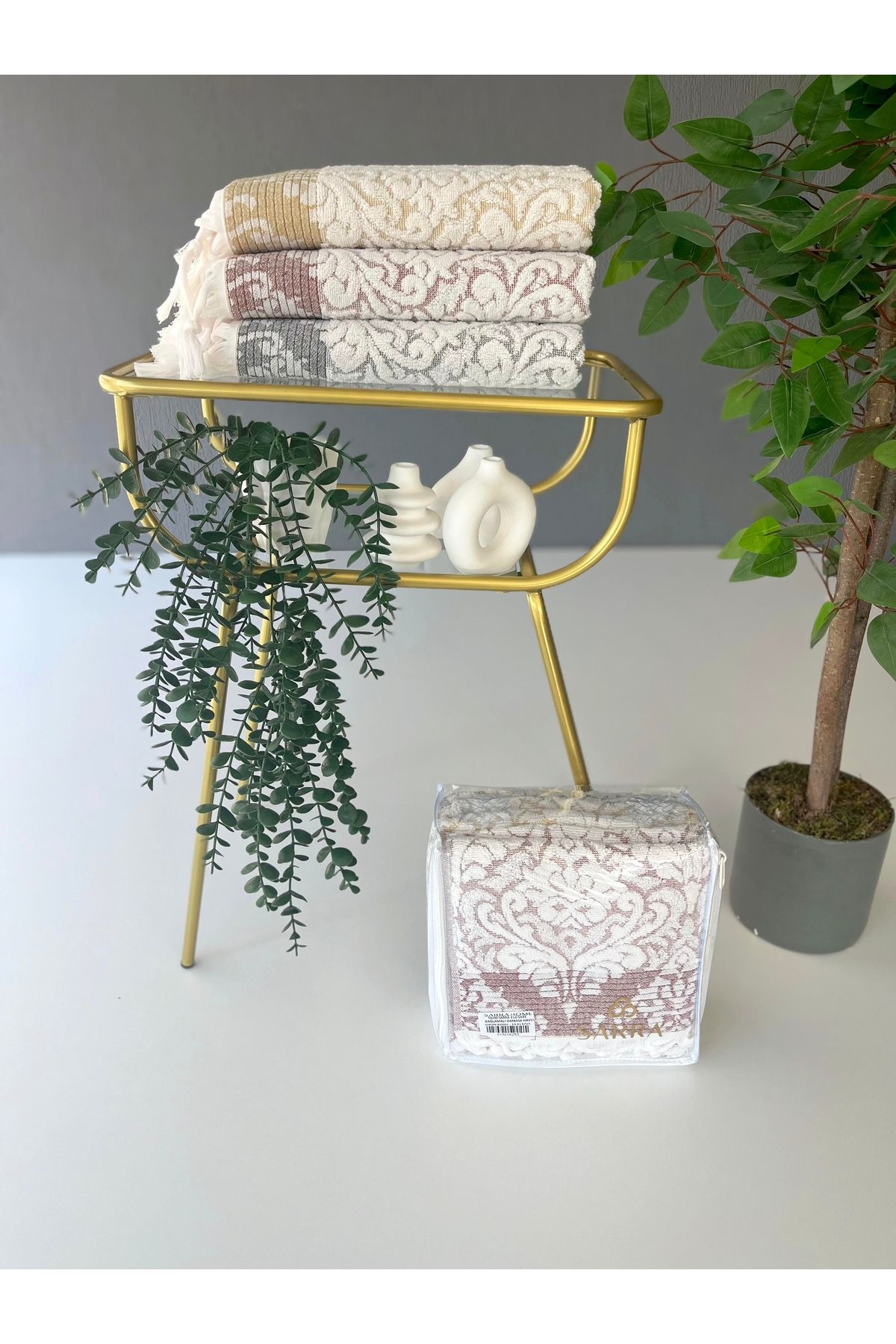 sarra 50x90 SARE BAĞLAMALI DAMASK 3'LÜ HAVLU V1