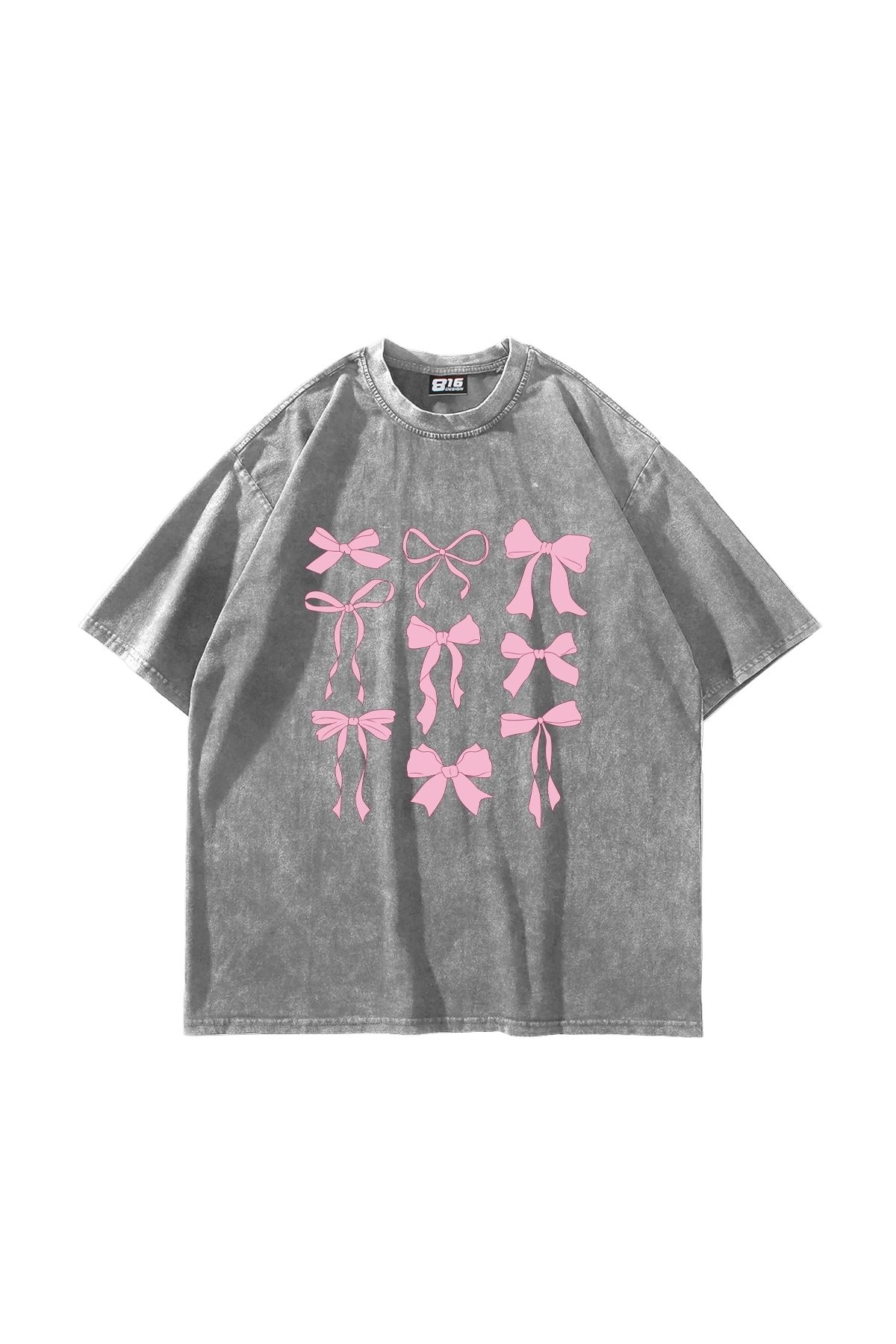 Sekizbiraltı Cute Fiyonk Baskılı Oversize Unisex Yıkamalı Beyaz Tshirt