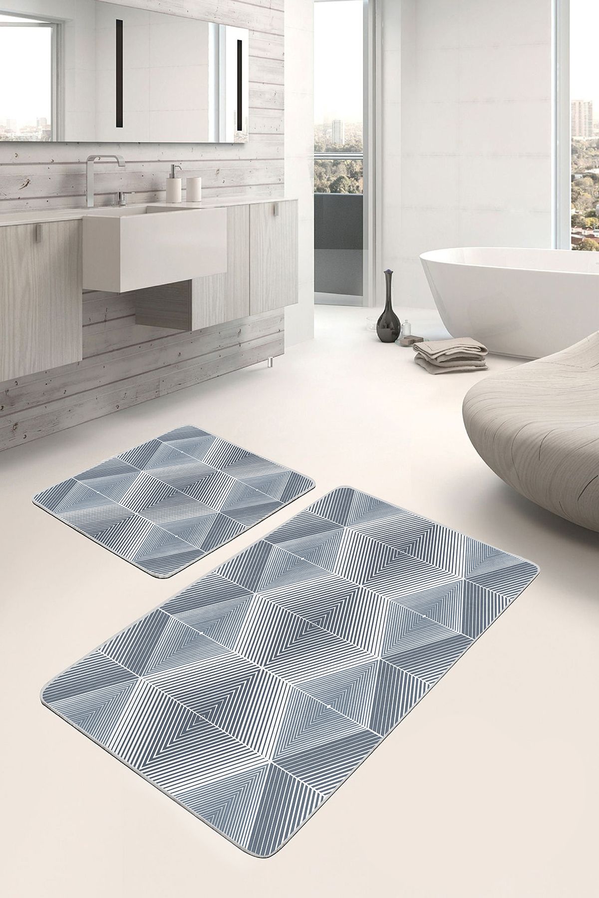 Realhomes 2'li Set Gri Mavi Zeminde Üçgen Motifli Geometrik Desenli Geometrik Klasik 2'li Banyo Paspas Takımı