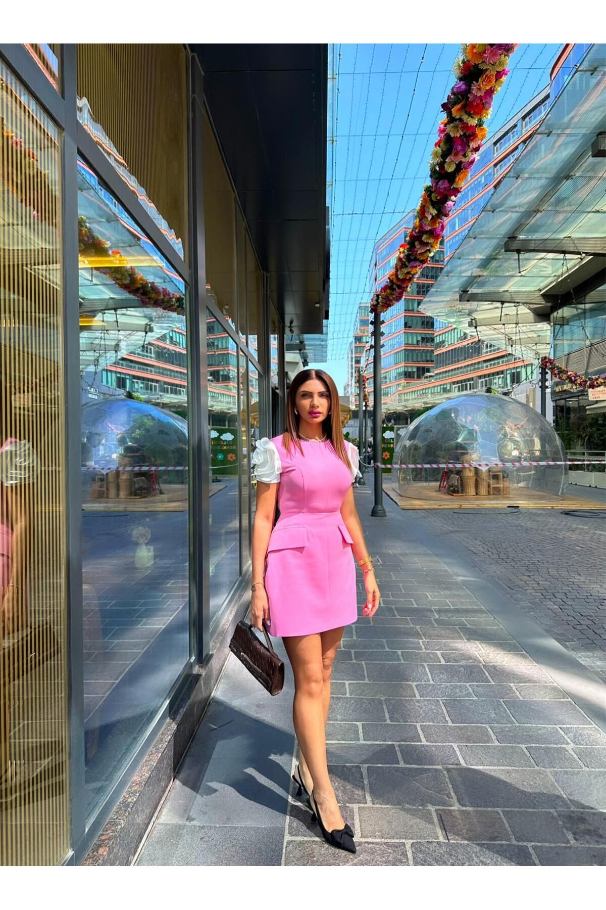sterktekstil Kadın Düz Renk Kolları Güllü Kısa Elbise