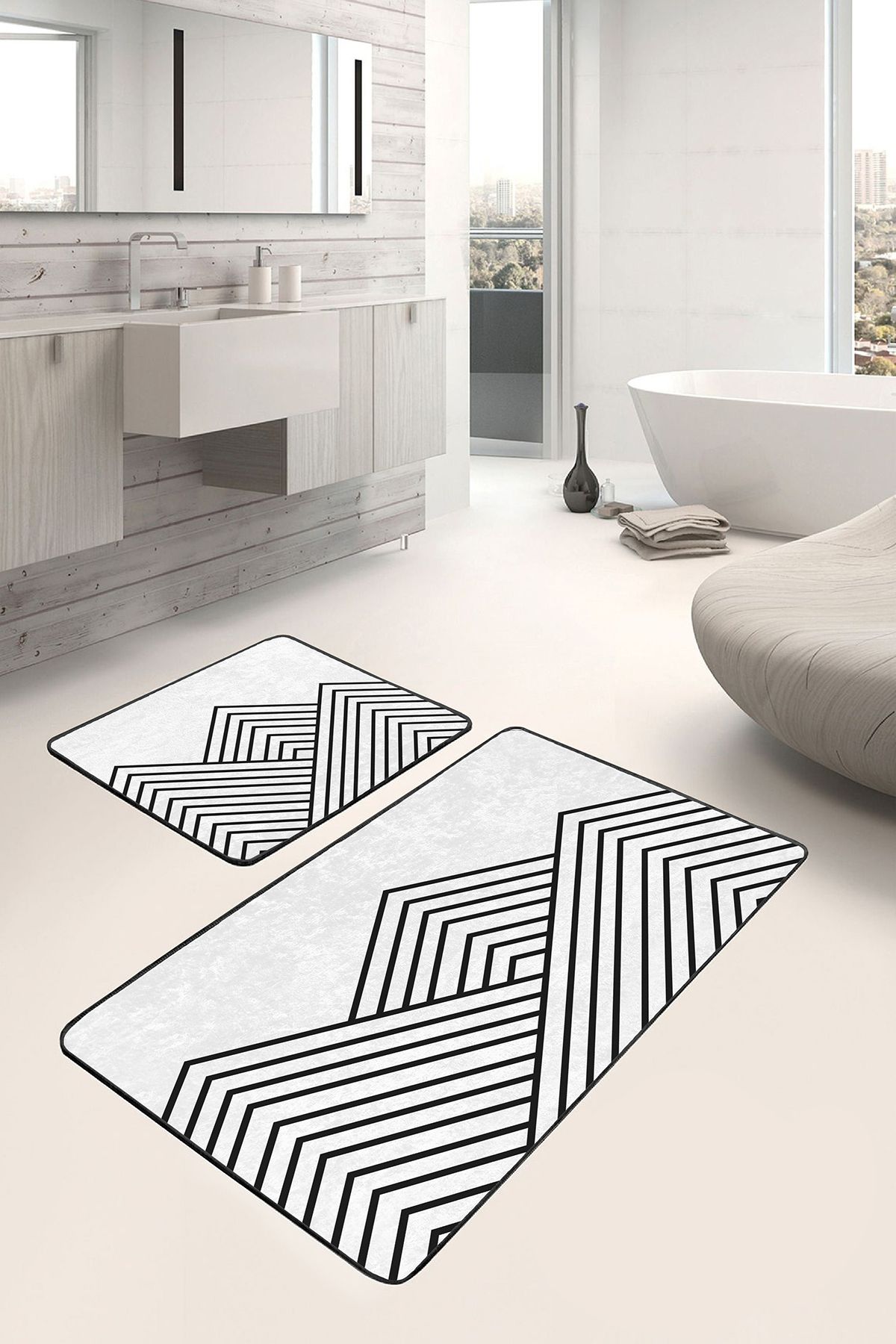 Realhomes Siyah - Beyaz Zeminde Üçgen Motifli Geometrik Geometrik Sade & Şık 2'li Banyo & Mutfak Paspas Takımı