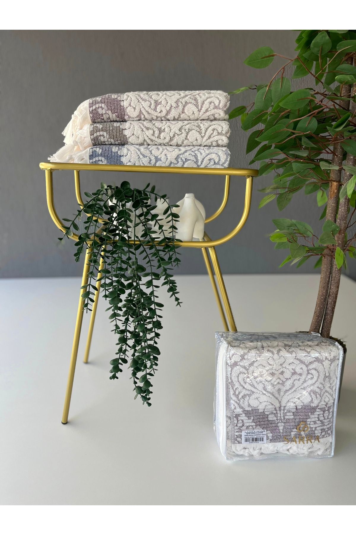 sarra 50x90 SARE BAĞLAMALI DAMASK 3'LÜ HAVLU V2