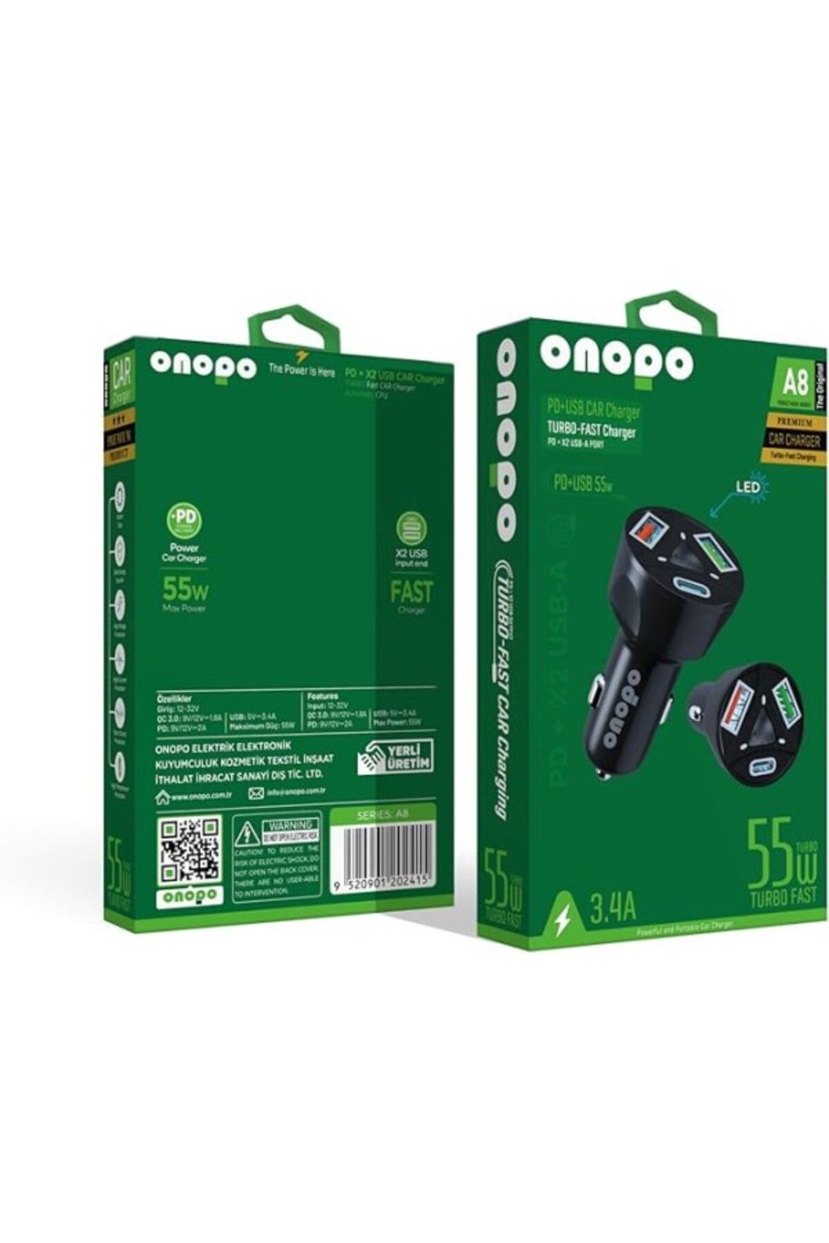 ShopZum 55W Turbo Hızlı Araç Şarj Cihazı – Type-C (Pd) + Çift Usb Çıkışlı – Evrensel Uyumlu – Model A8