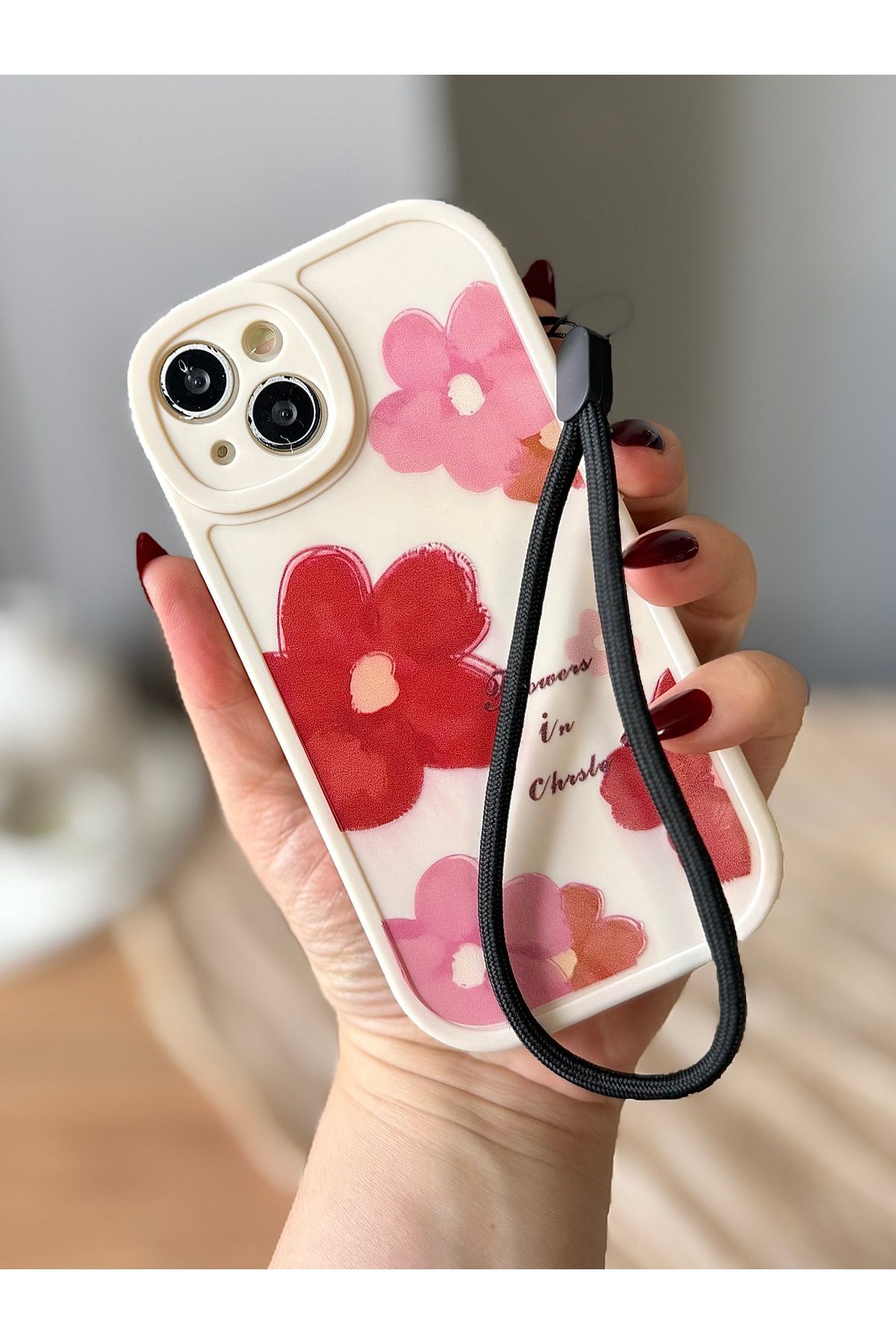 MirazTasarim IPHONE 13/14 TELEFON İPLİ ÇİÇEK DESENLİ KREM RENK KILIF