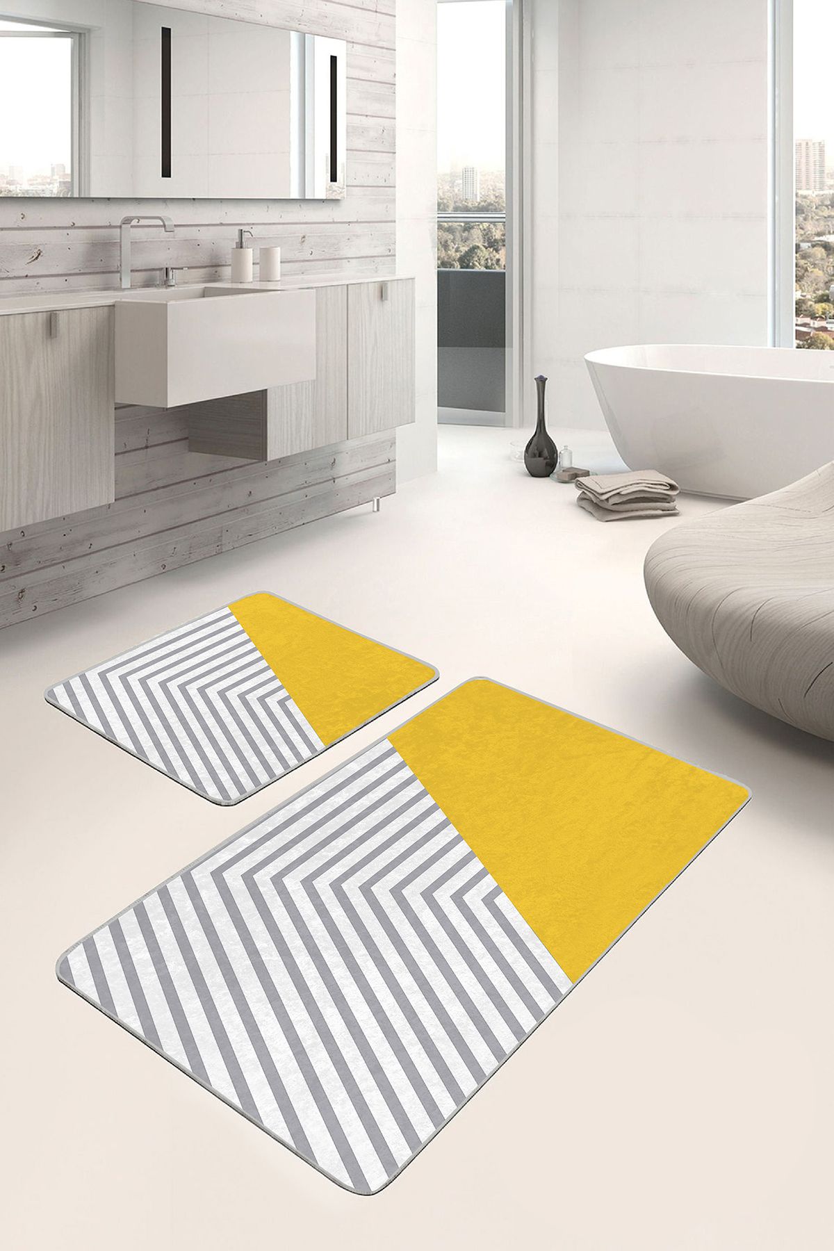 Realhomes Sarı - Gri Zeminde Geometrik Motifli Çizgili Geometrik Sade & Şık 2'li Banyo & Mutfak Paspas Takımı