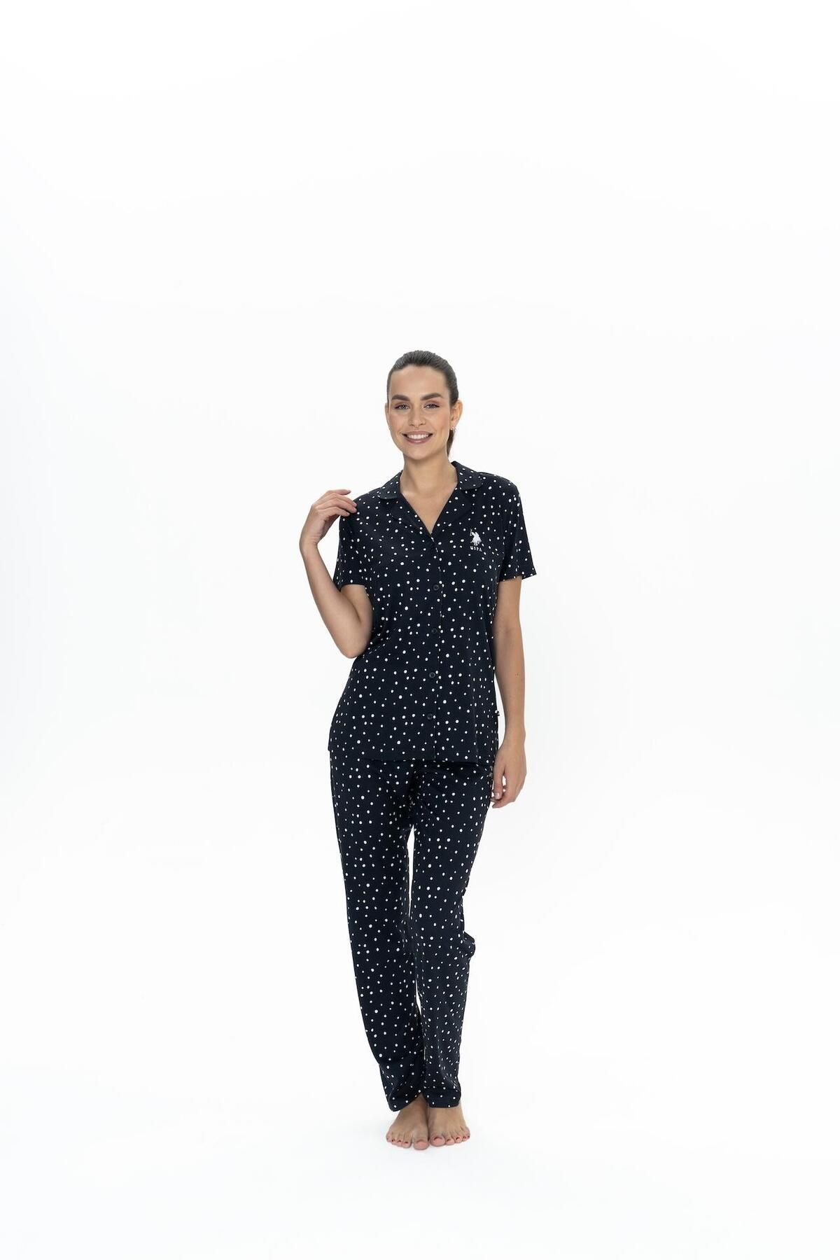 U.S. Polo Assn. Us Polo Önden Düğmeli Kısakol Gömlek Yaka Pijama Takım, %50 pamuk %50 Modal